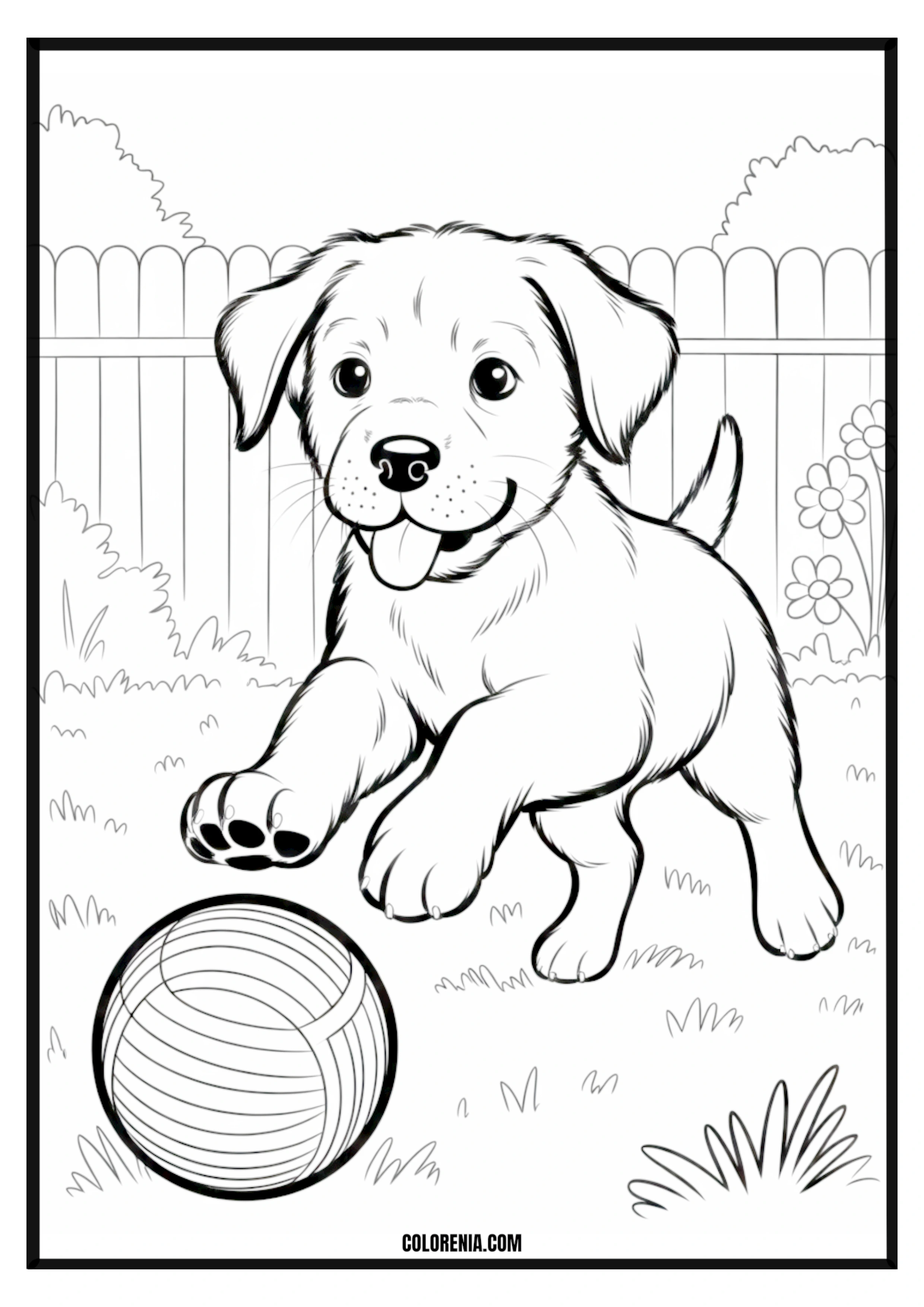 Printable Puppy Playing with Ball Coloring Page Happy puppy joyfully playing with a ball, classic canine fun.