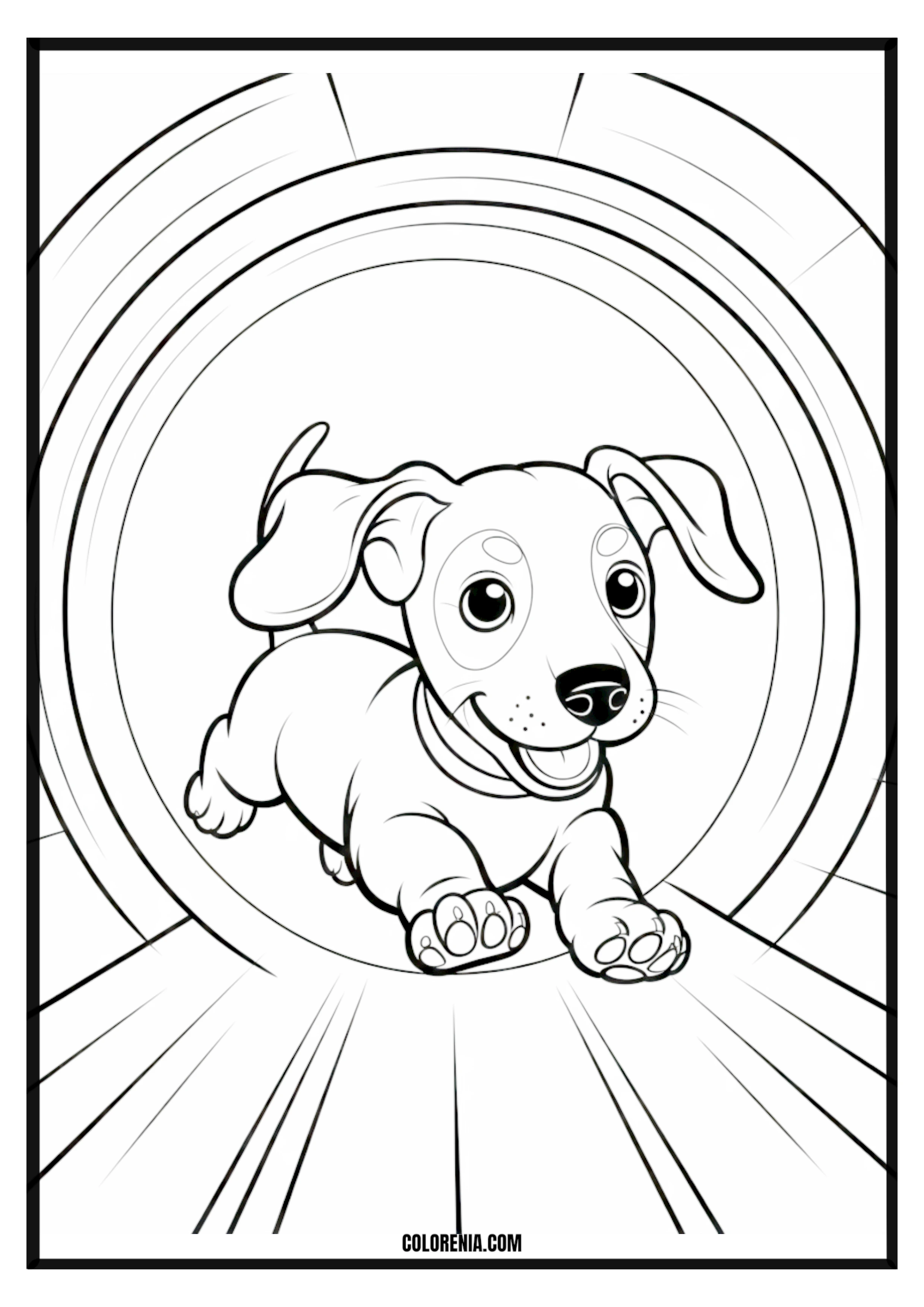 Printable Puppy Running Through Tunnel Coloring Page Energetic puppy running through an agility tunnel, dynamic pose.