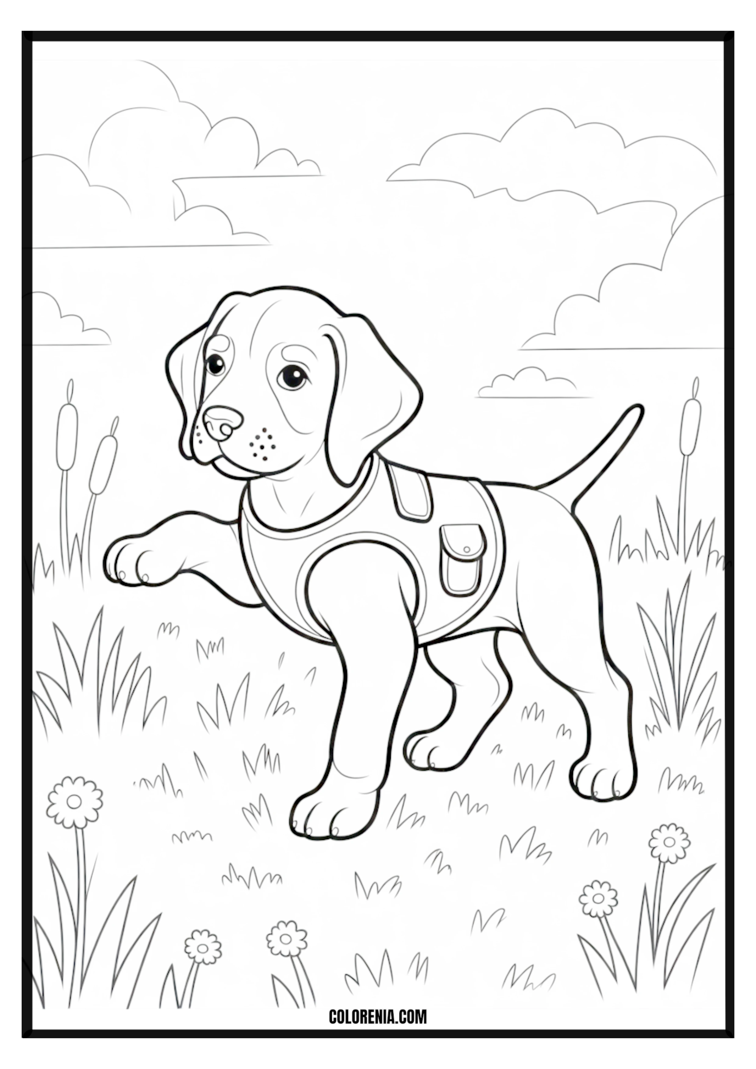 Printable Puppy Wearing Harness Outdoor Coloring Page Puppy wearing a harness outdoors, ready for an adventure.