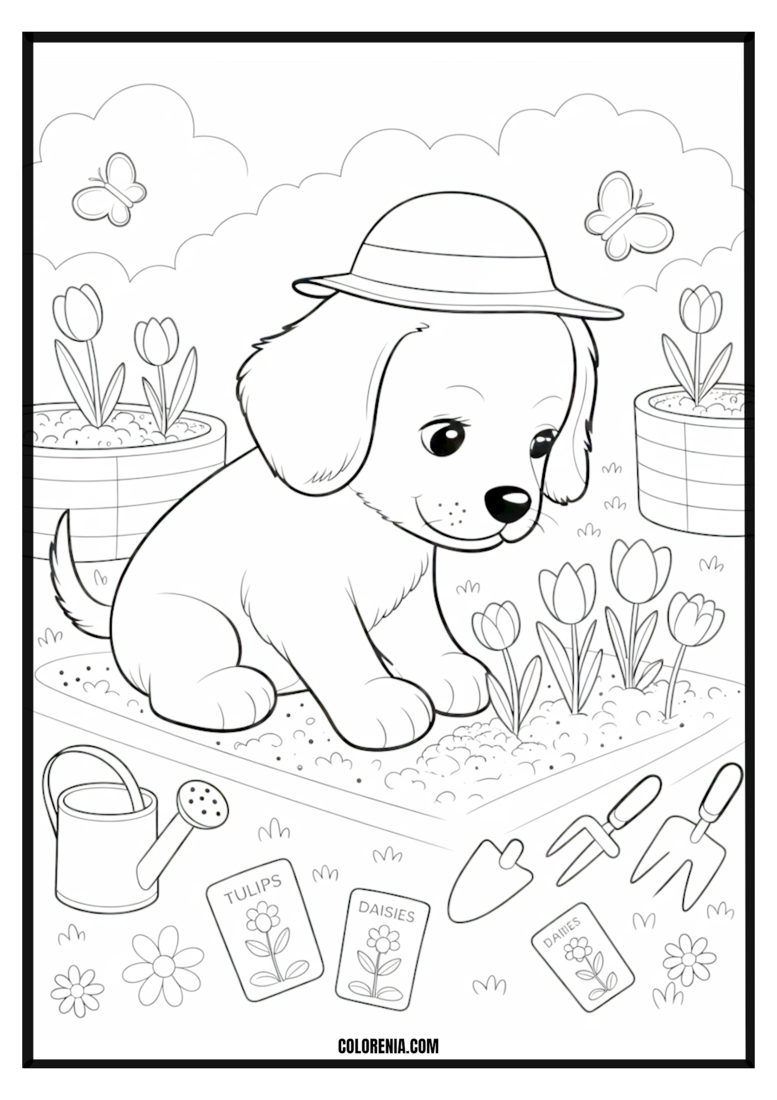 Printable Puppy with Hat Plants Flowers Coloring Page Cute puppy wearing a hat and planting flowers, gardening scene.