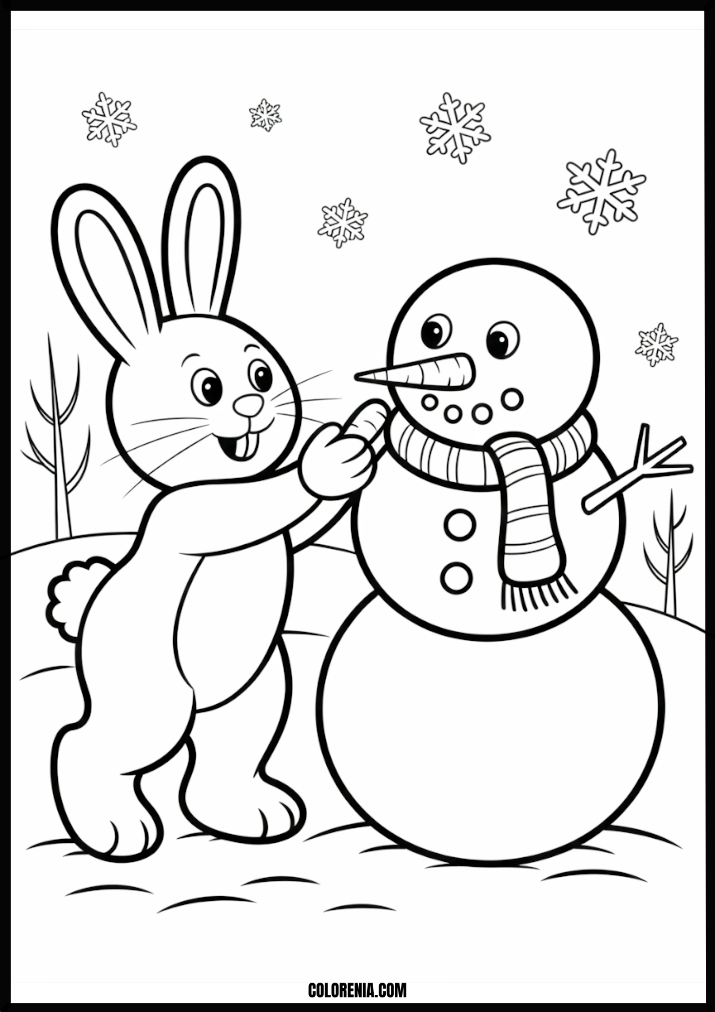 Rabbit Adds Carrot Nose To Snowman Printable Coloring Page Coloring page of rabbit adds carrot nose to snowman