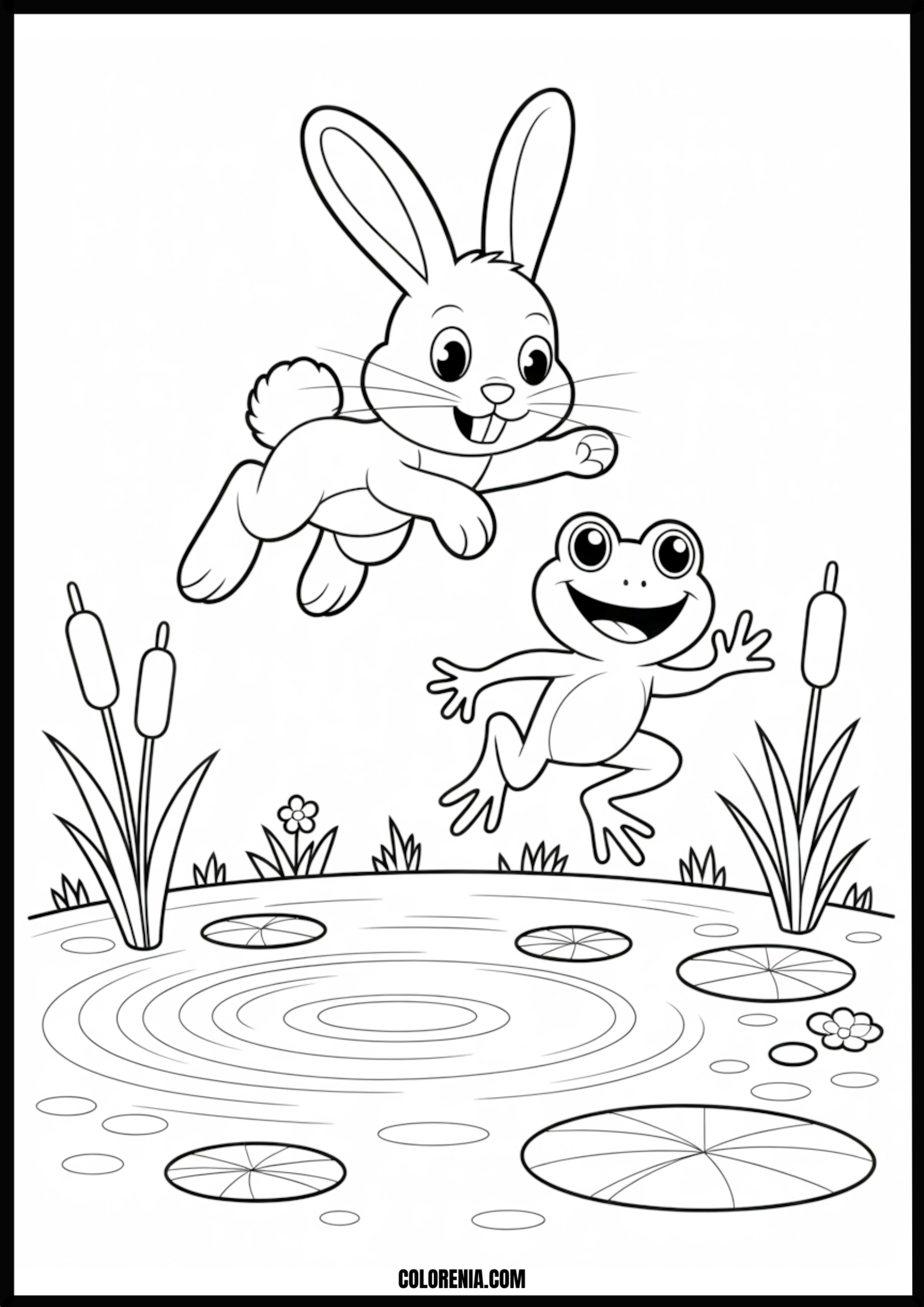 Rabbit And Frog Leaping Over Pond Printable Coloring Page Coloring page of rabbit and frog leaping over pond