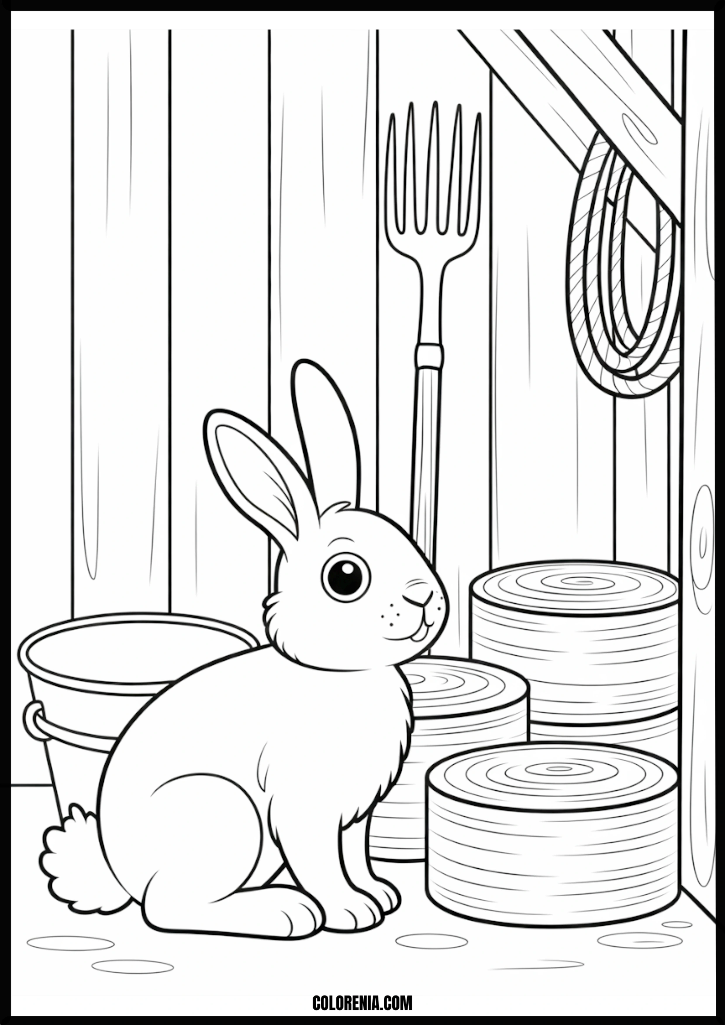 Rabbit In Barn With Pitchfork And Wood Logs Printable Coloring Page Coloring page of rabbit in barn with pitchfork and wood logs