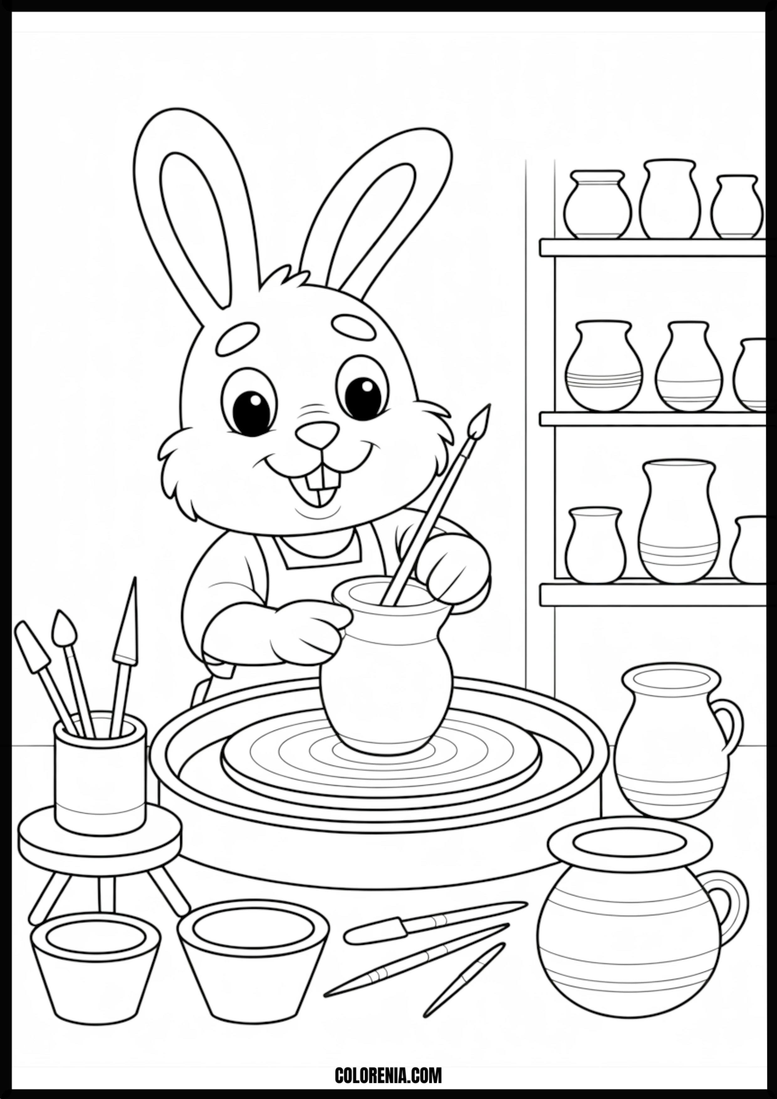 Rabbit Making Pottery Printable Coloring Page Coloring page of rabbit making pottery