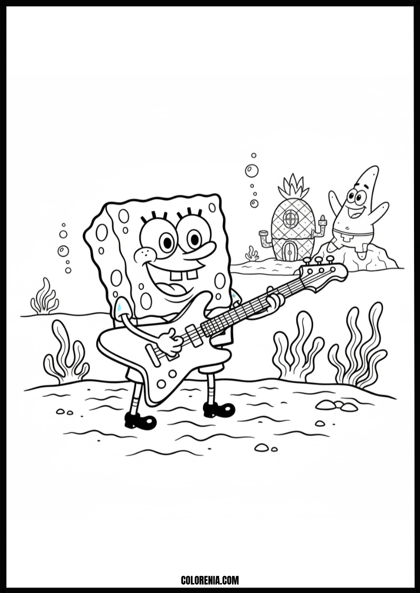 Rockstar Spongebob Guitar Fun Coloring Page