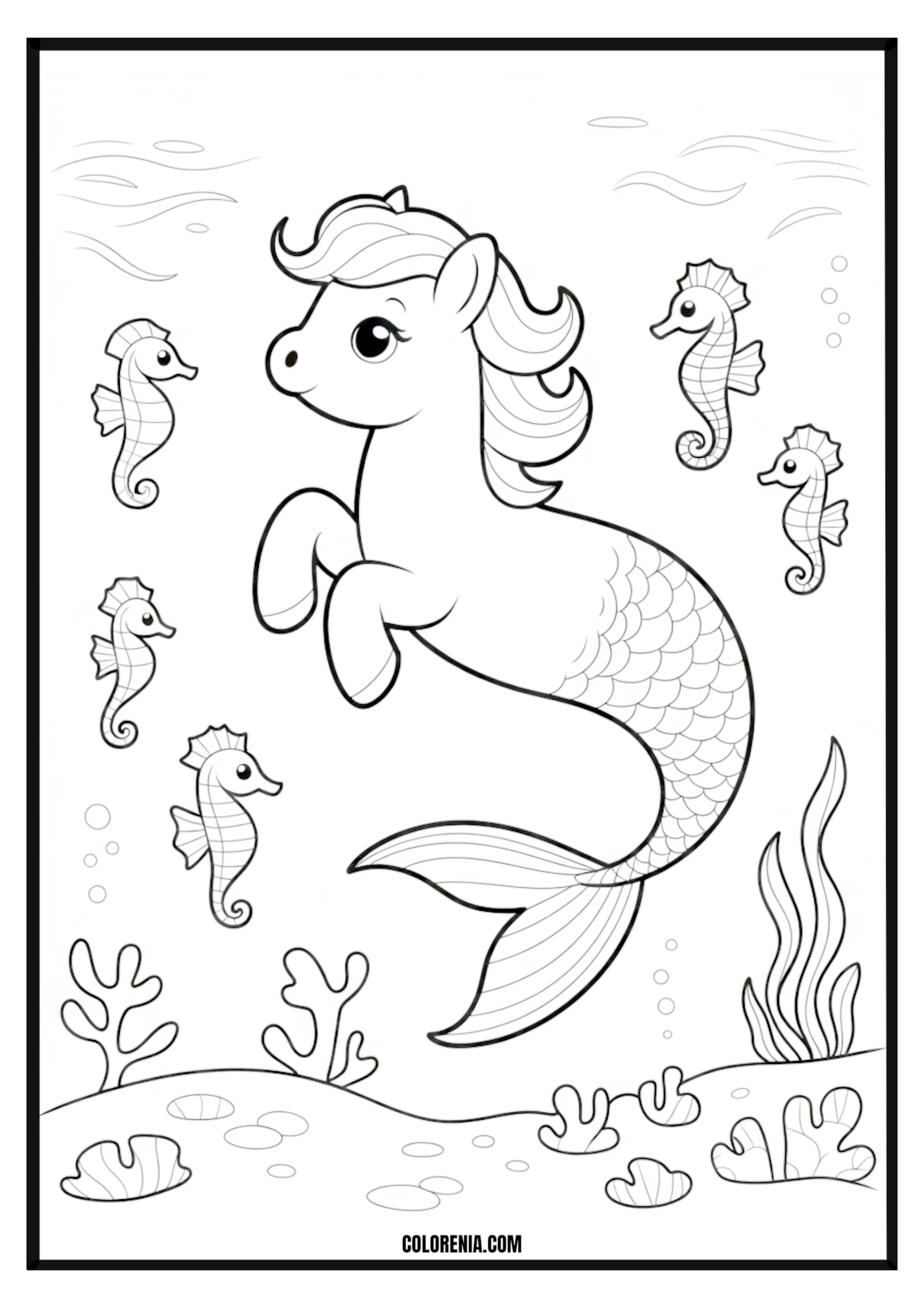 Seapony Underwater Coloring Page Seapony swimming in an underwater scene coloring page.
