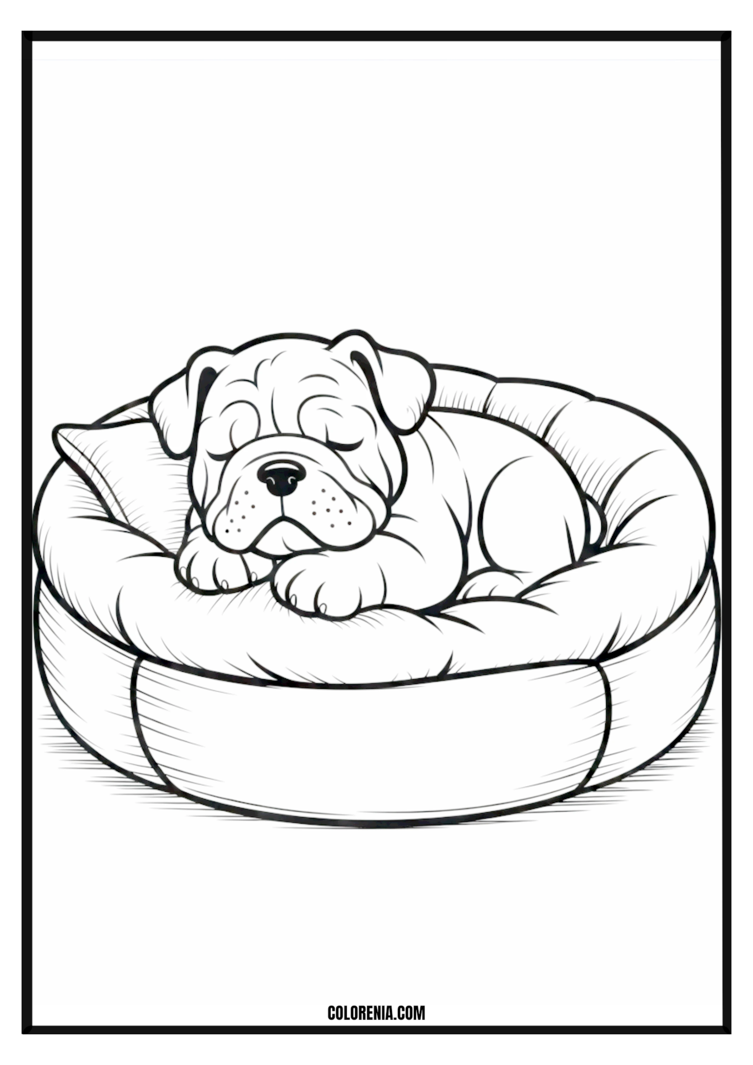 Printable Sleeping Bulldog in Dog Bed Coloring Page Peaceful bulldog puppy sleeping soundly in a comfortable dog bed.