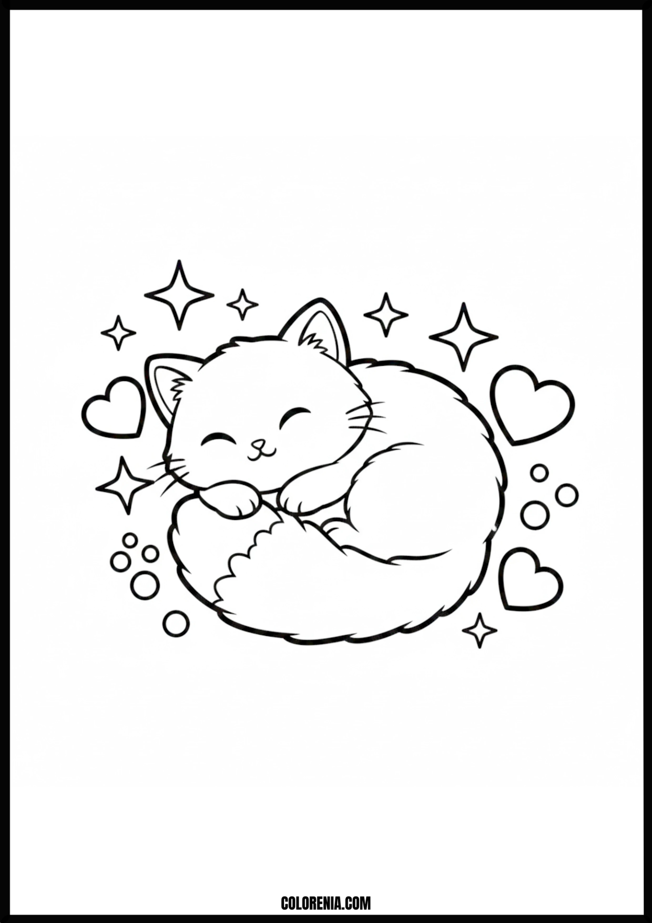 Sleeping Kawaii Cat With Stars And Hearts Coloring Page