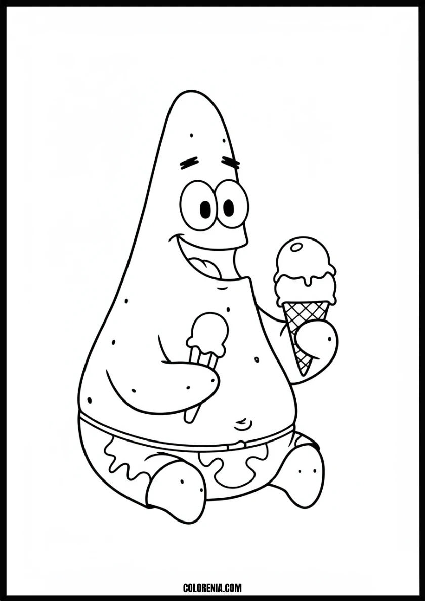 Smiling Patrick Star with Double Ice Cream Treat Coloring Page