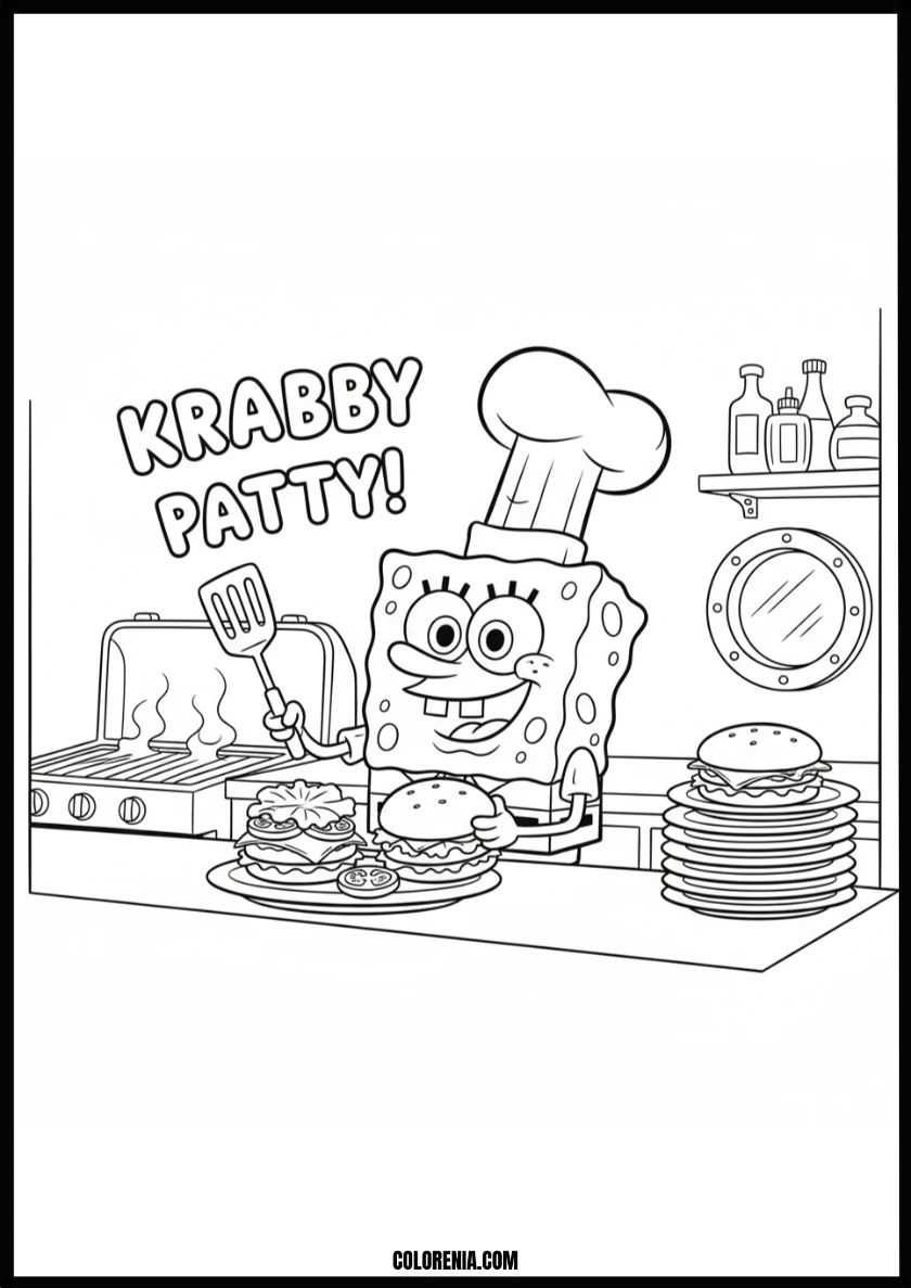 Smiling Spongebob Chef Grilling Krabby Patties Coloring Page