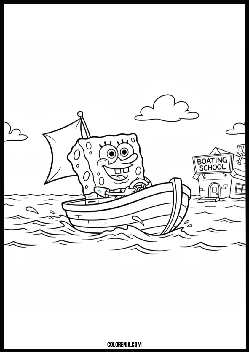 Smiling Spongebob Driving a Boat Past Boating School Coloring Page