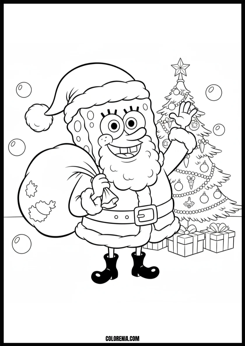 Smiling Spongebob Santa with Christmas Tree Coloring Page