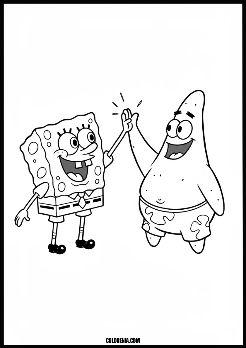 Smiling Spongebob and Patrick High Five Friendship Coloring Page