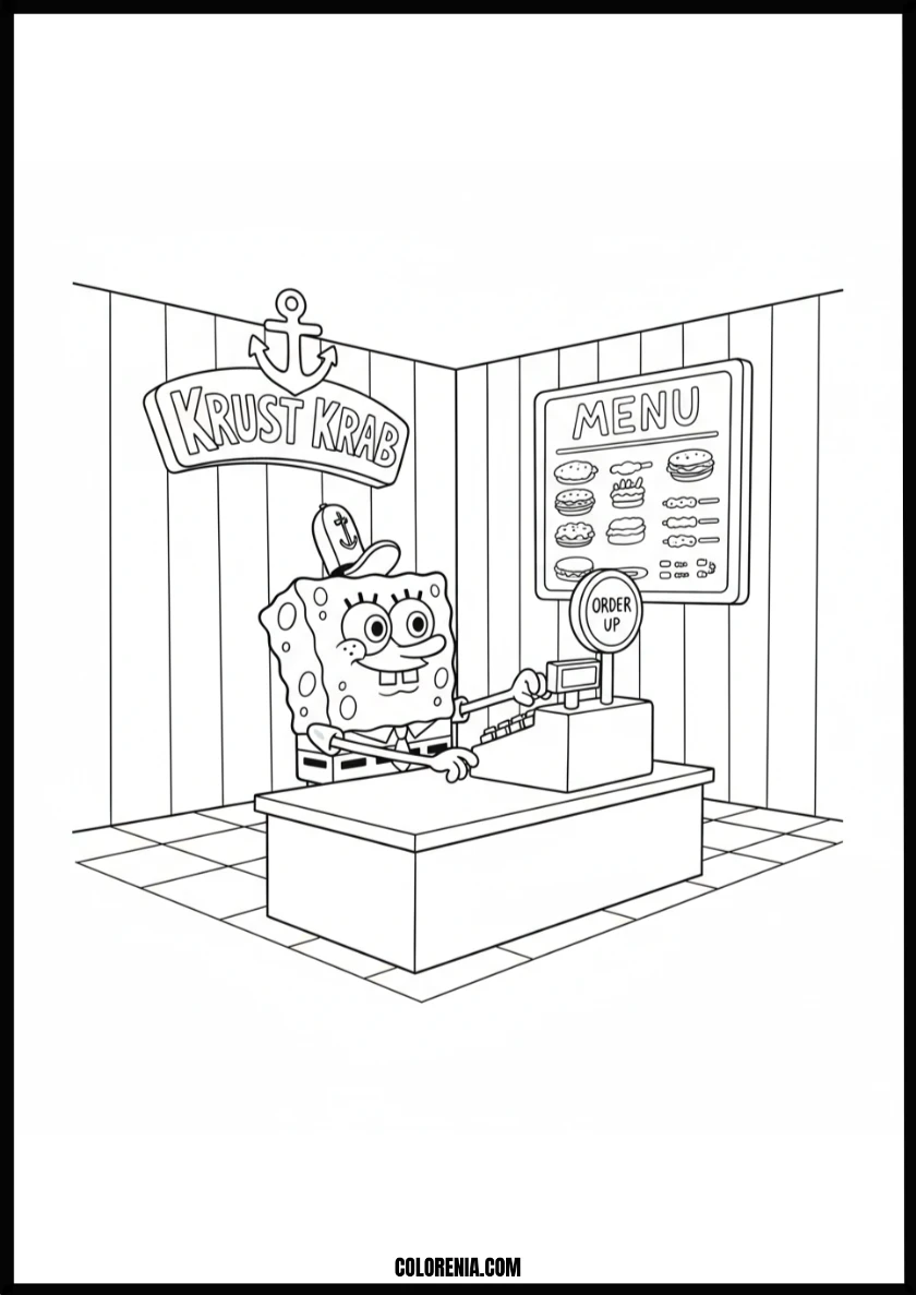 Smiling Spongebob at the Krusty Krab Counter Coloring Page