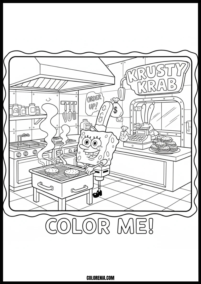 Smiling Spongebob's Krusty Krab Cooking Fun Coloring Page