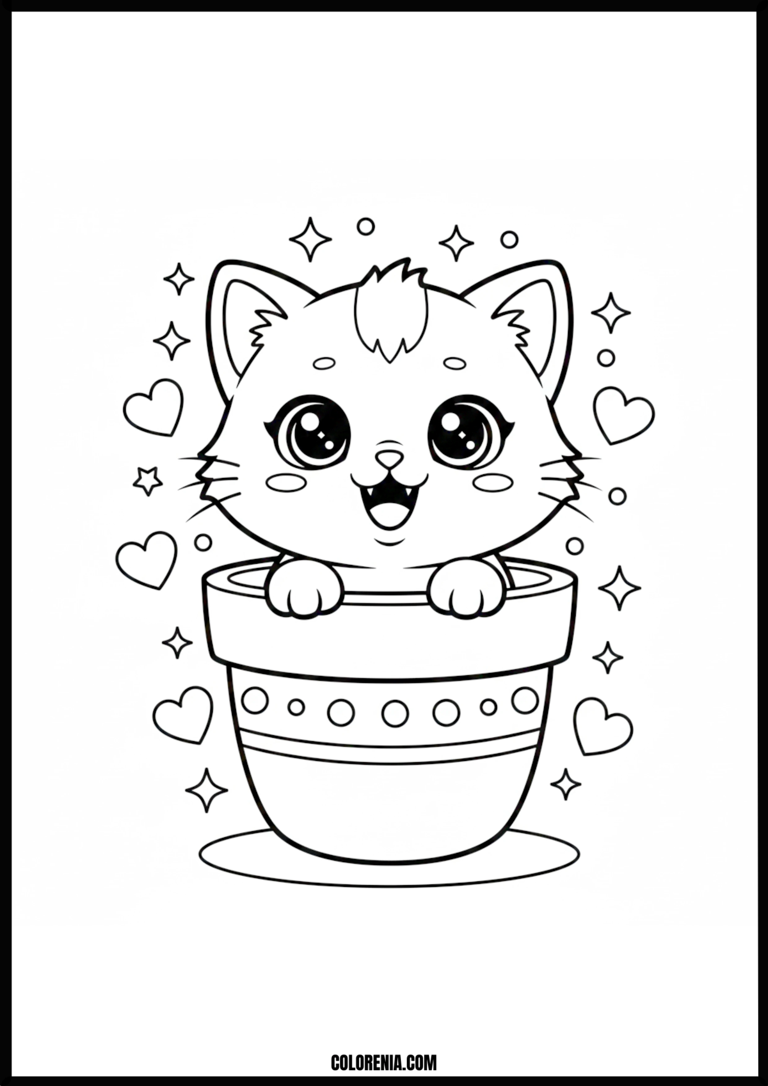 Smiling Cat In Flowerpot With Hearts And Stars Coloring Page
