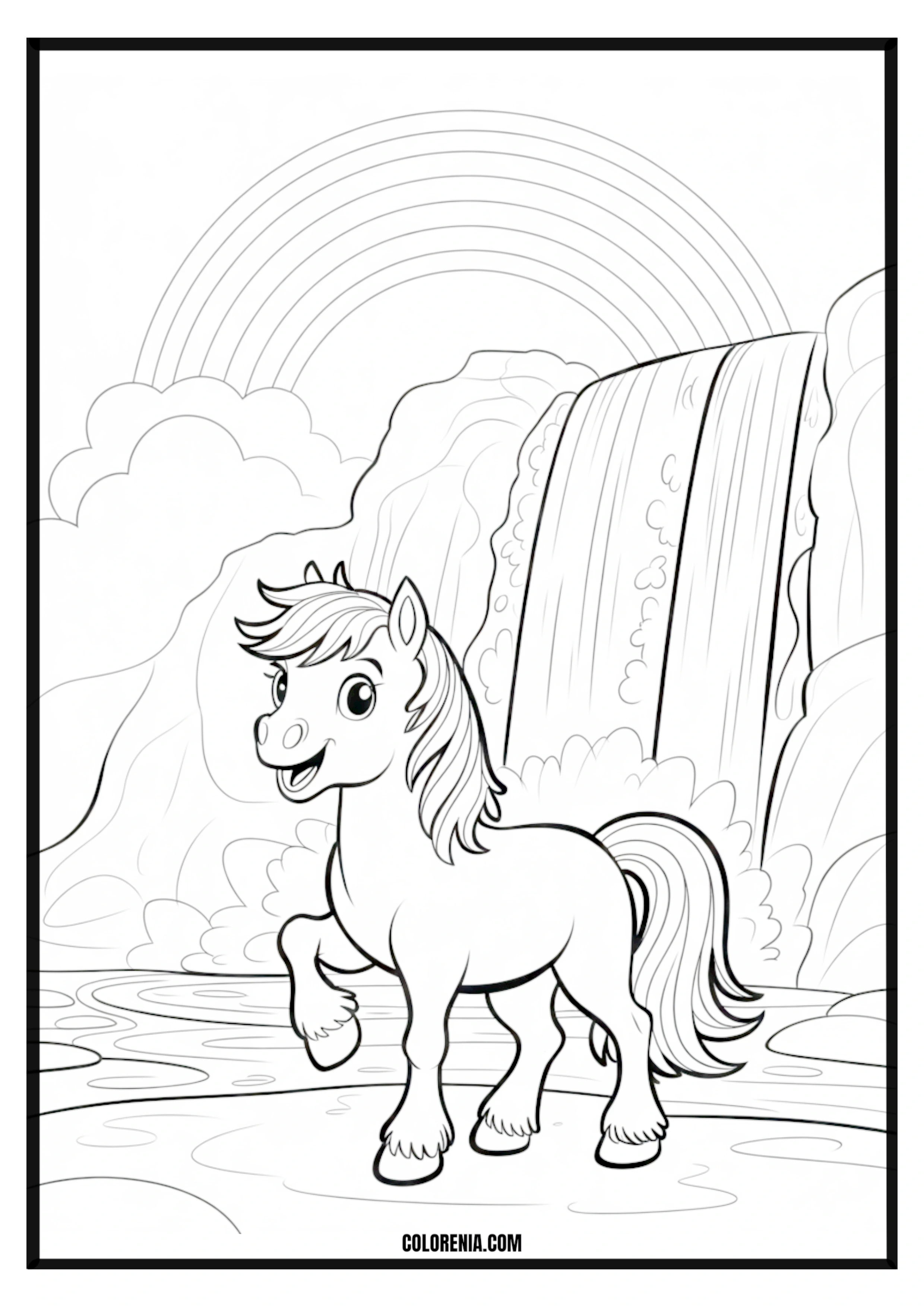 Smiling Pony Waterfall Rainbow Scene Smiling pony by a waterfall with a rainbow coloring scene.