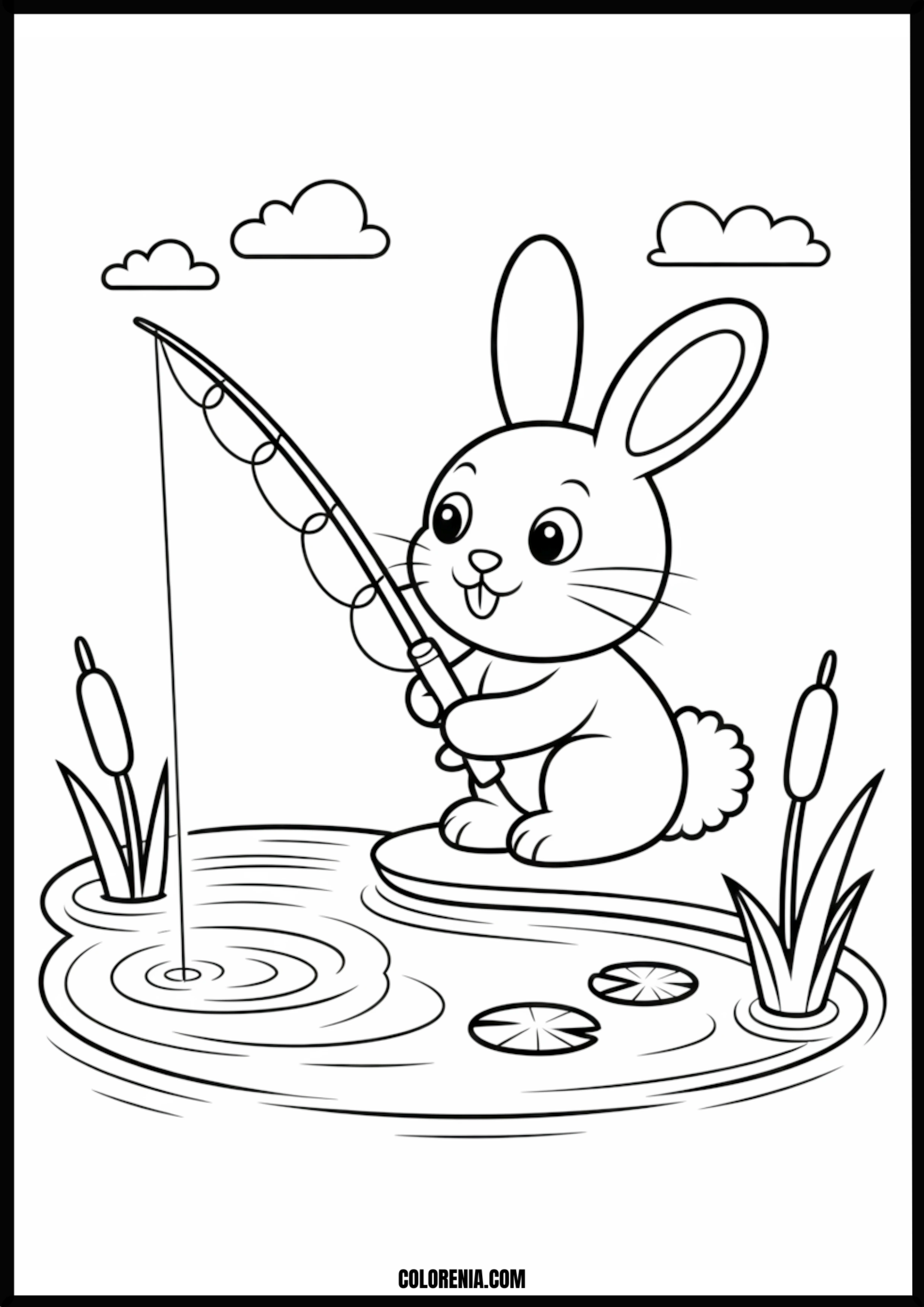 Smiling Rabbit Fishing In Pond Printable Coloring Page Coloring page of smiling rabbit fishing in pond