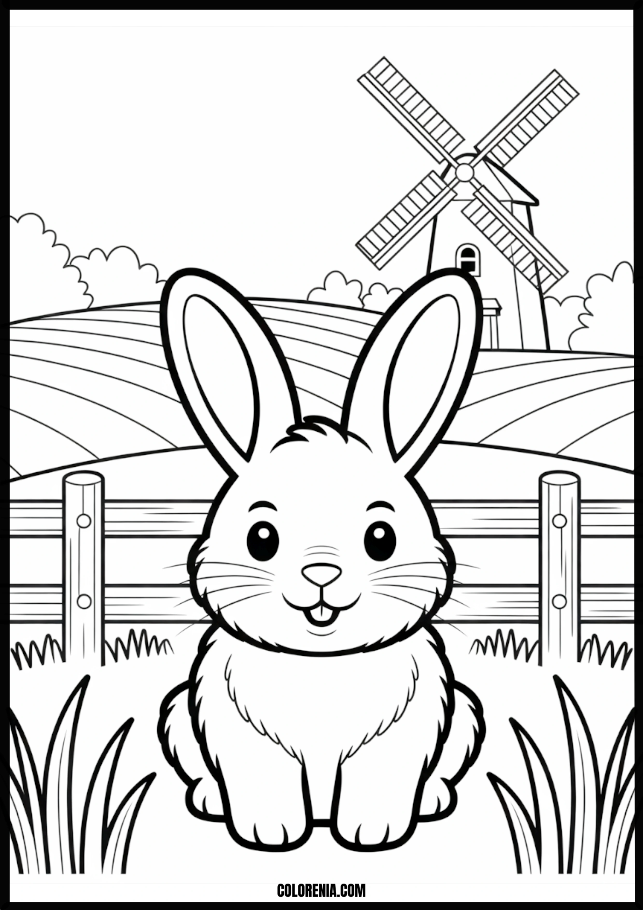 Smiling Bunny And Windmill Printable Coloring Page Coloring page of smiling bunny and windmill