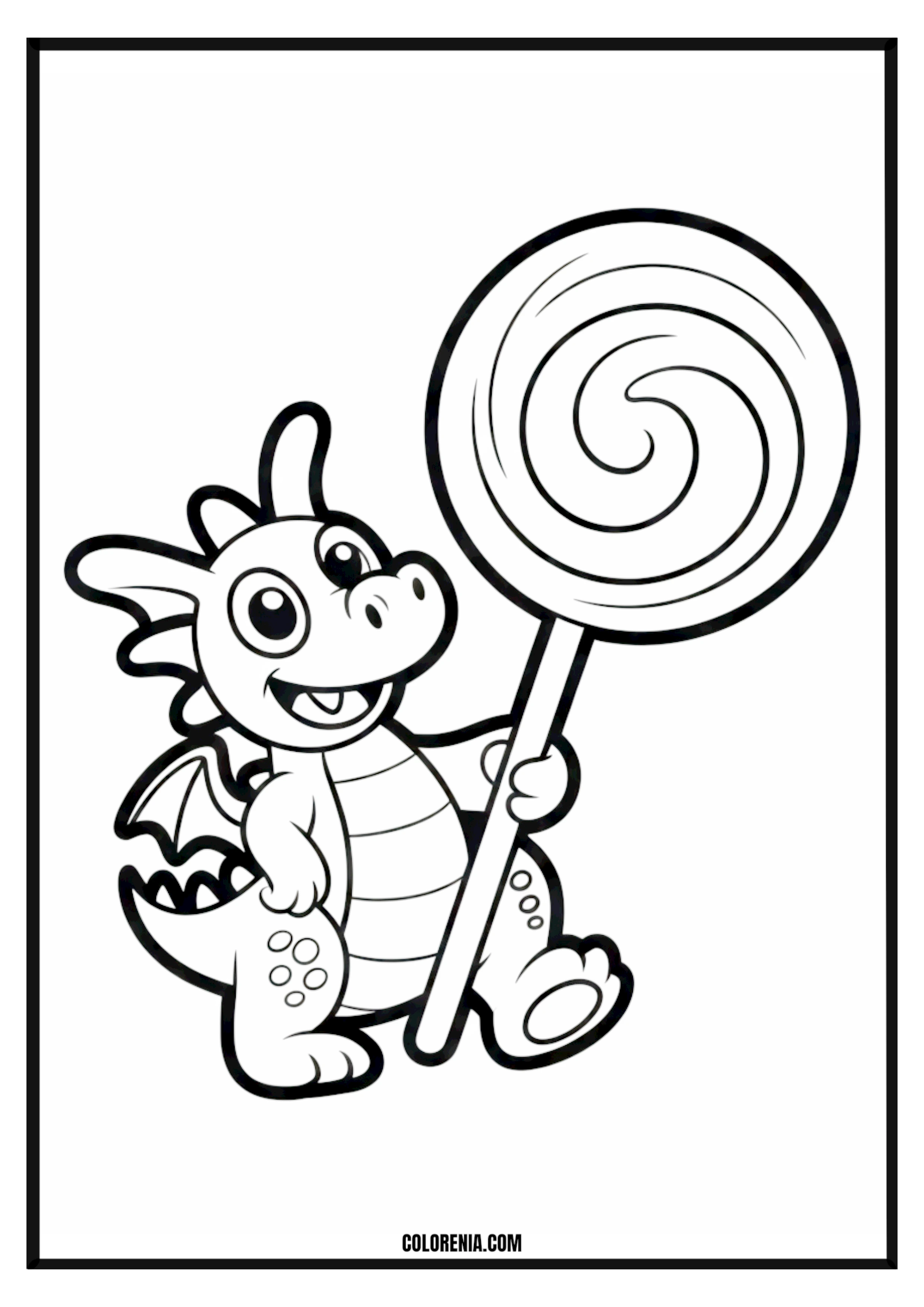 Smiling dragon with lollipop coloring page