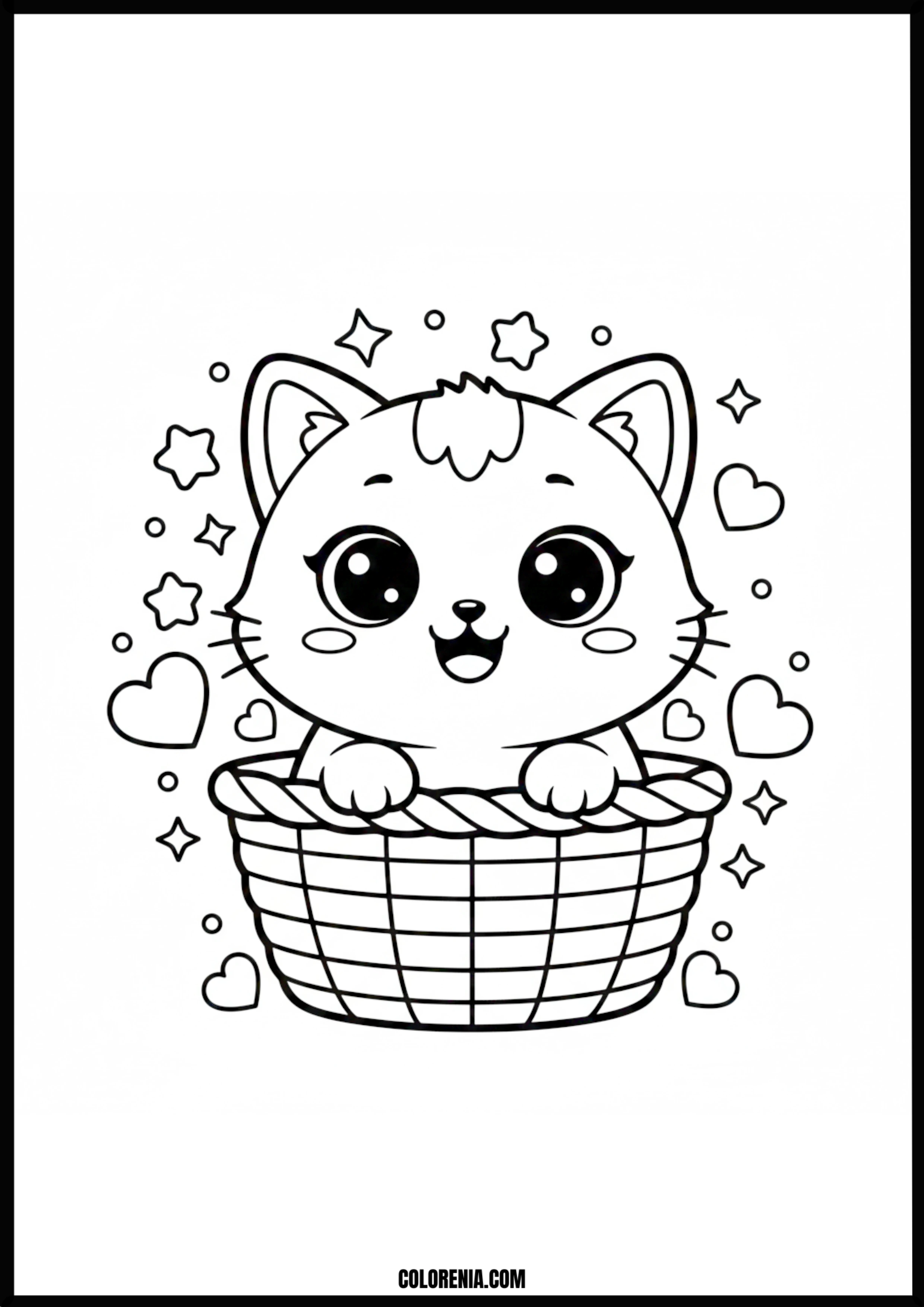 Smiling Kitten In Basket Hearts Stars Coloring Page