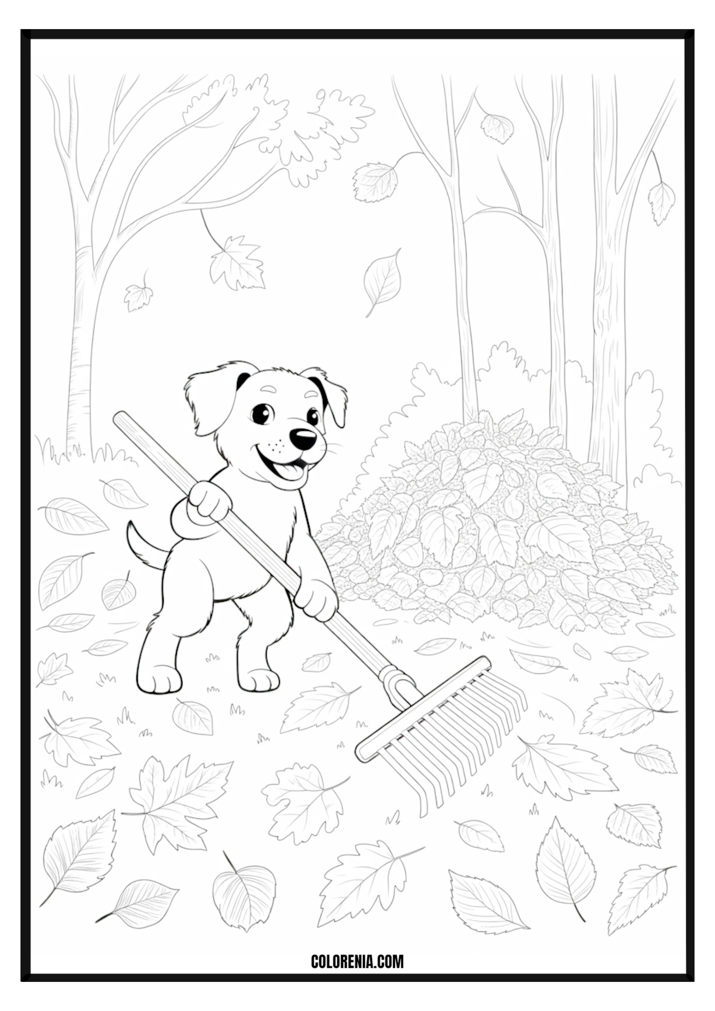 Printable Smiling Puppy Rakes Autumn Leaves Coloring Page Smiling puppy happily raking autumn leaves, joyful fall activity.