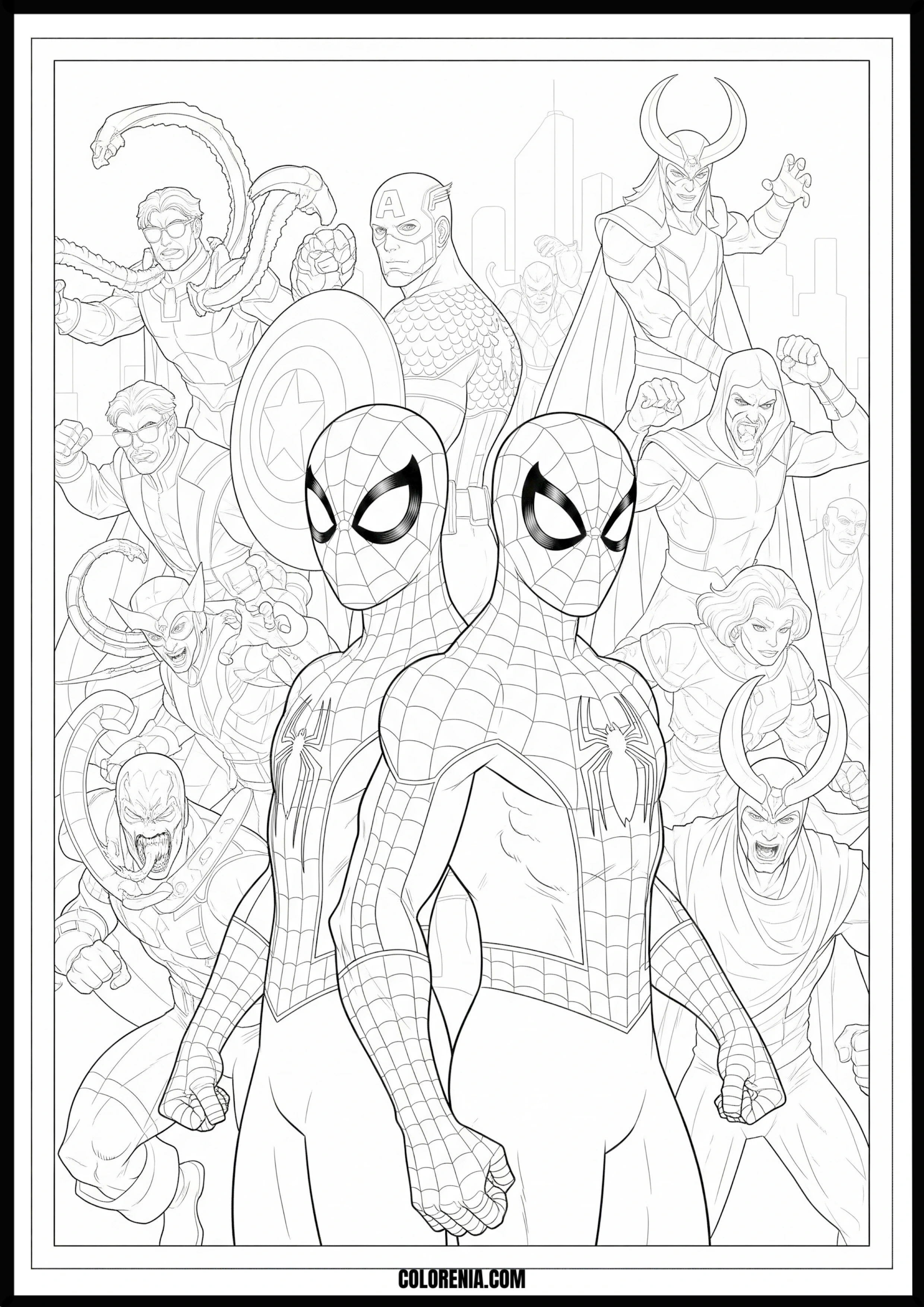 Spider-Man and Marvel Heroes Villains Coloring Page