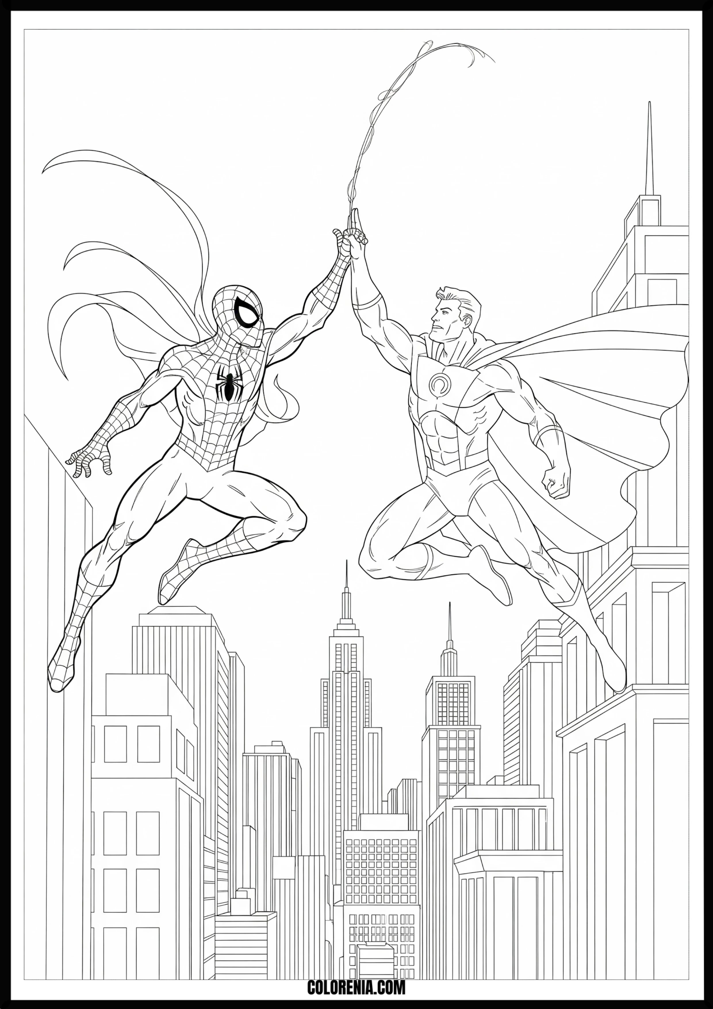 Spider-Man and Omega Hero High Five Over City Coloring Page