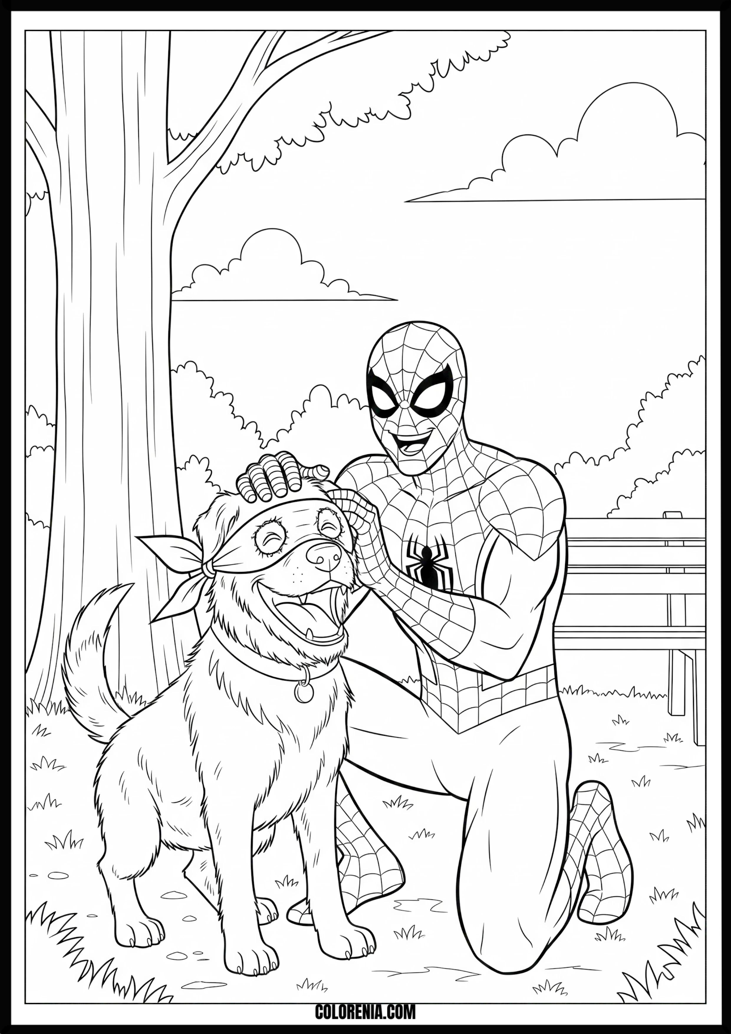 Spider-Man Pets a Happy Dog Coloring Page