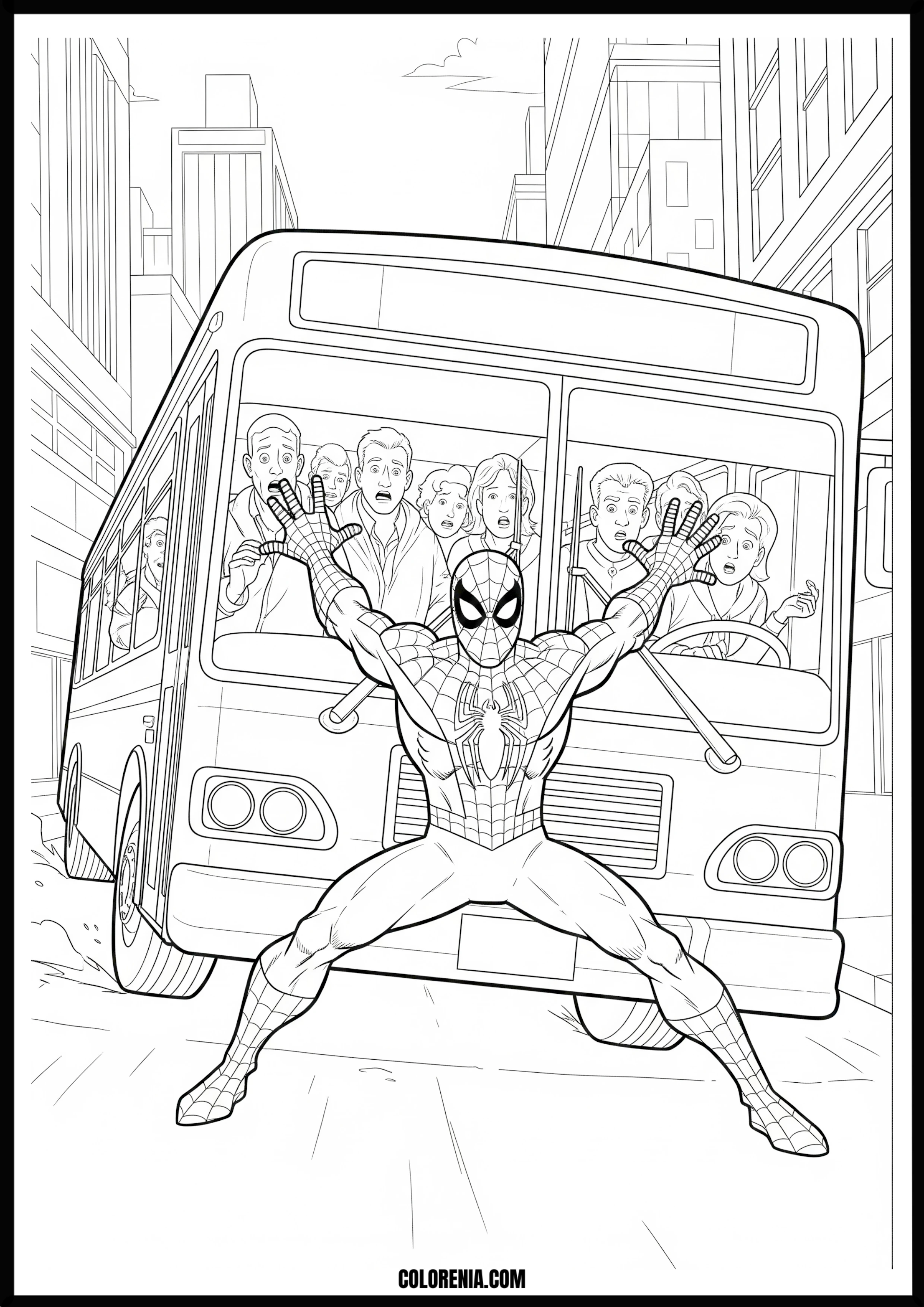 Spider-Man Stops Runaway Bus Saving Terrified Passengers Coloring Page