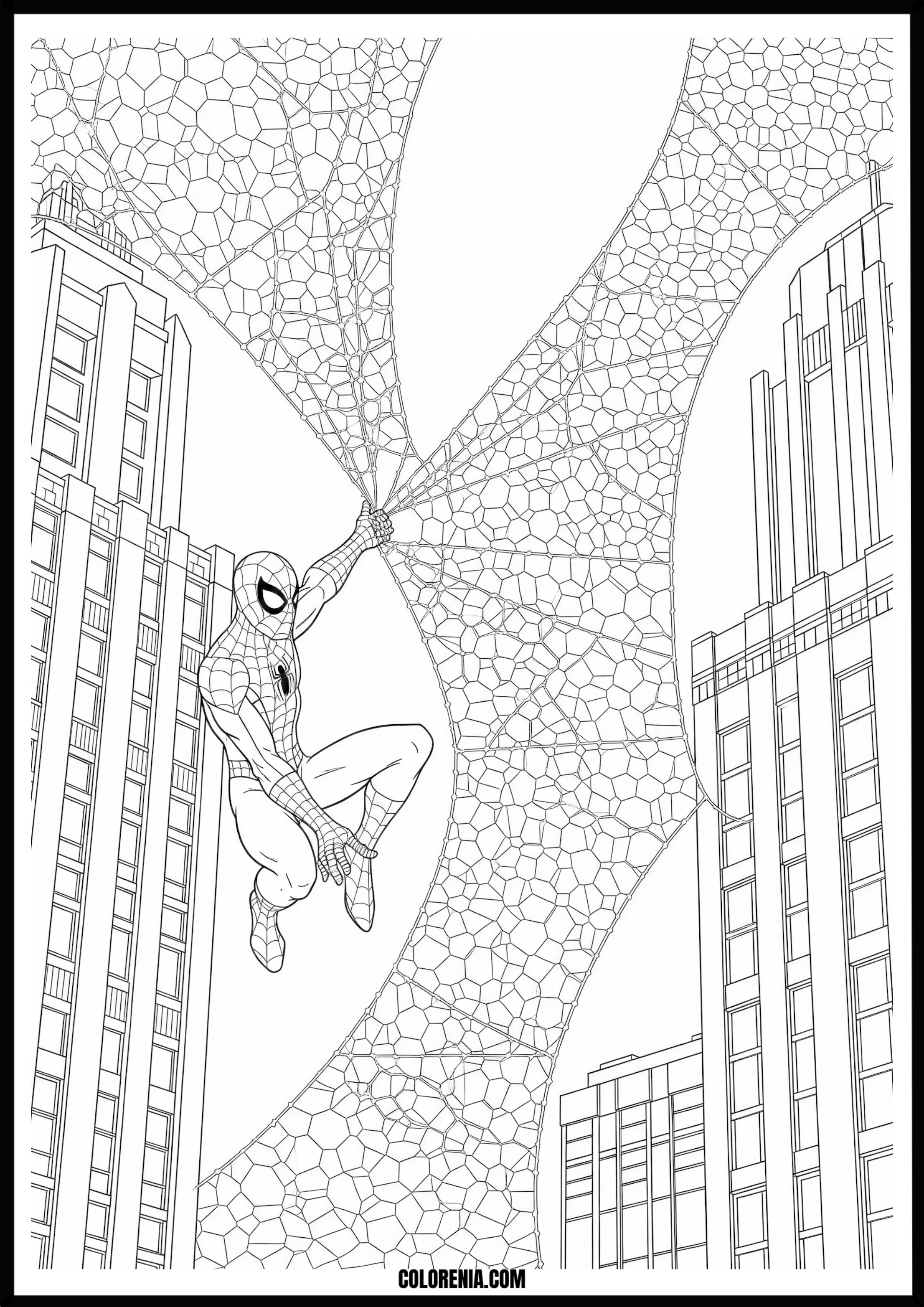 Spider-Man Swinging on Web Through City Coloring Page