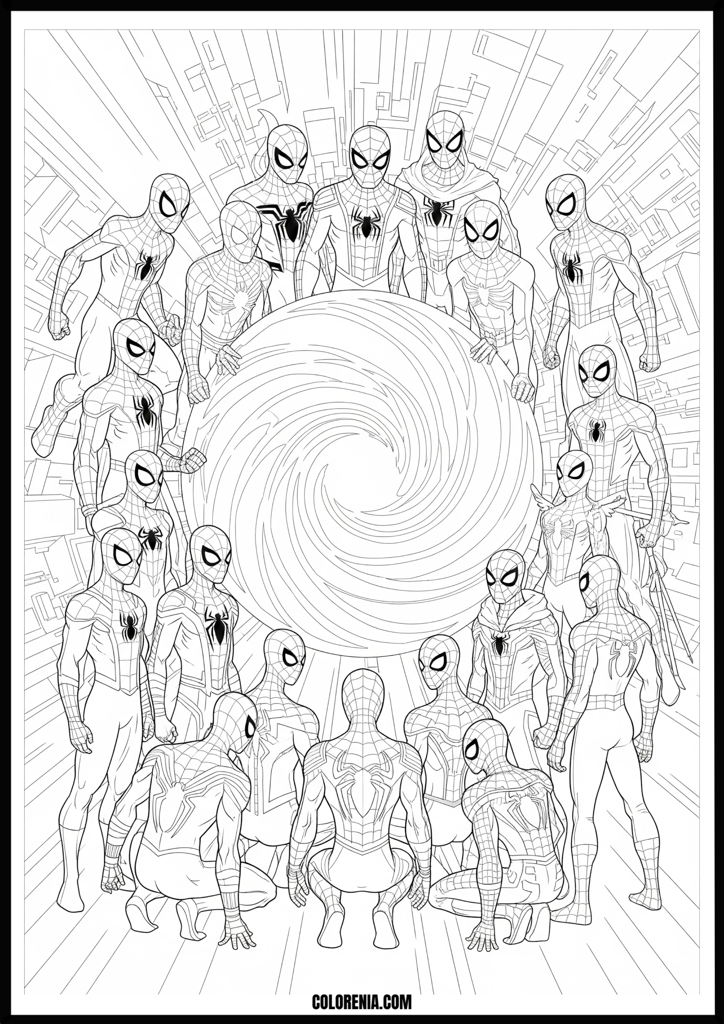 Spider-Men Watching the Multiversal Portal Coloring Page