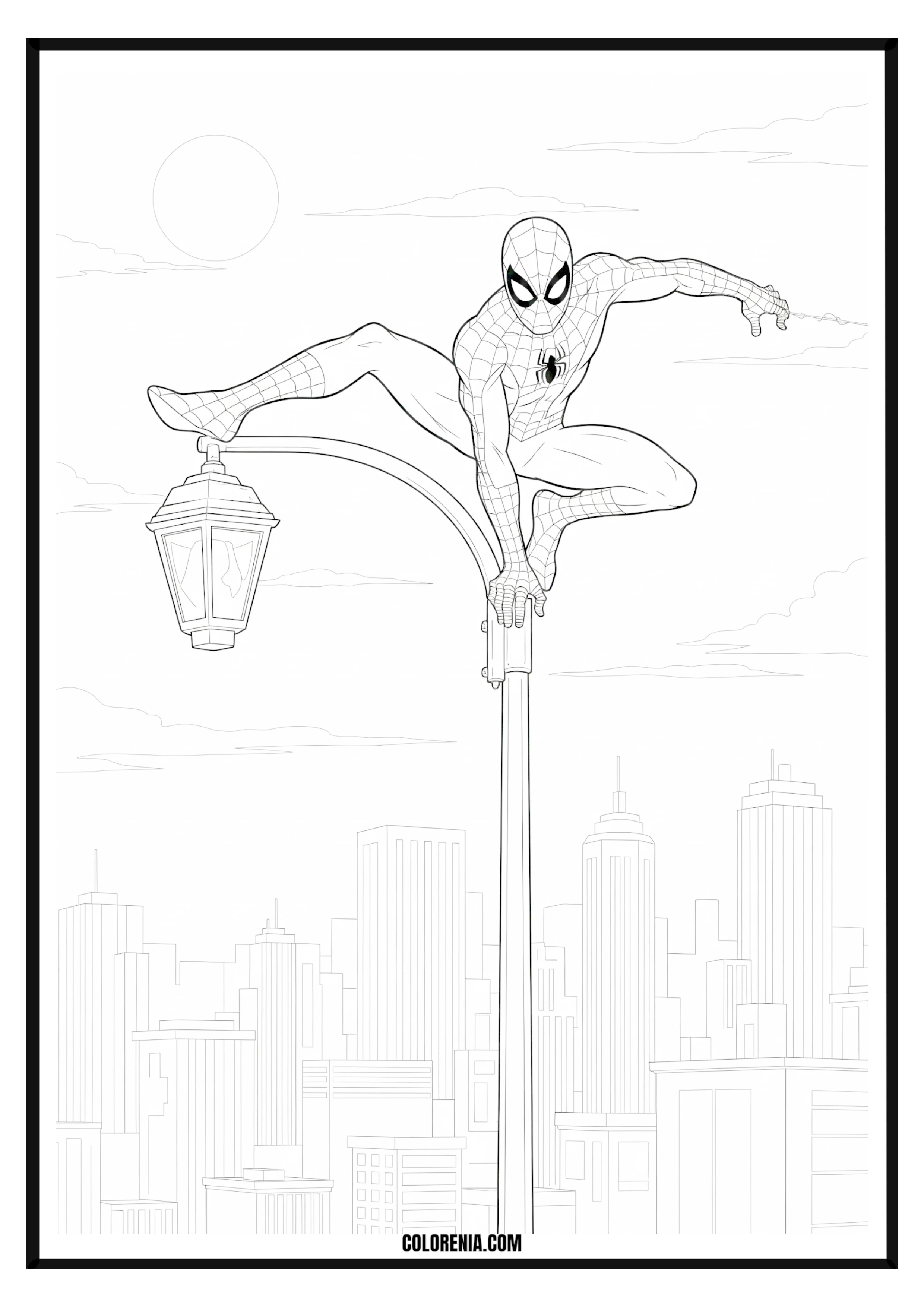 Spider-Man on Lamppost Overlooking City Skyline Coloring Page