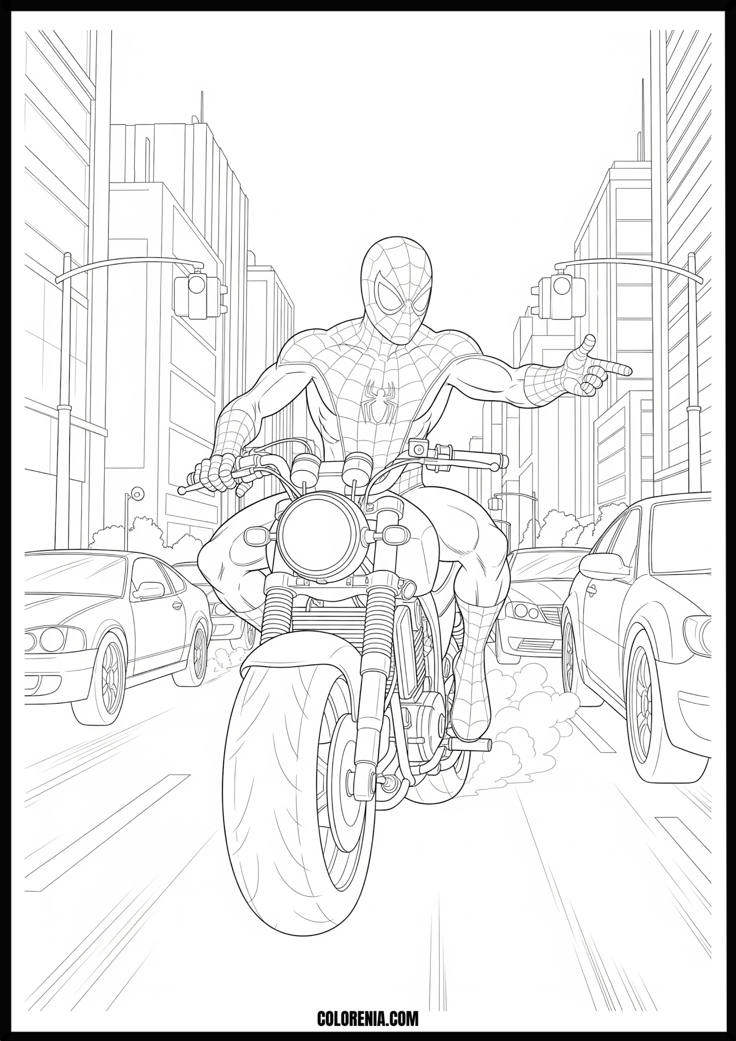 Spider-Man Rides Motorcycle Pointing in City Street Coloring Page