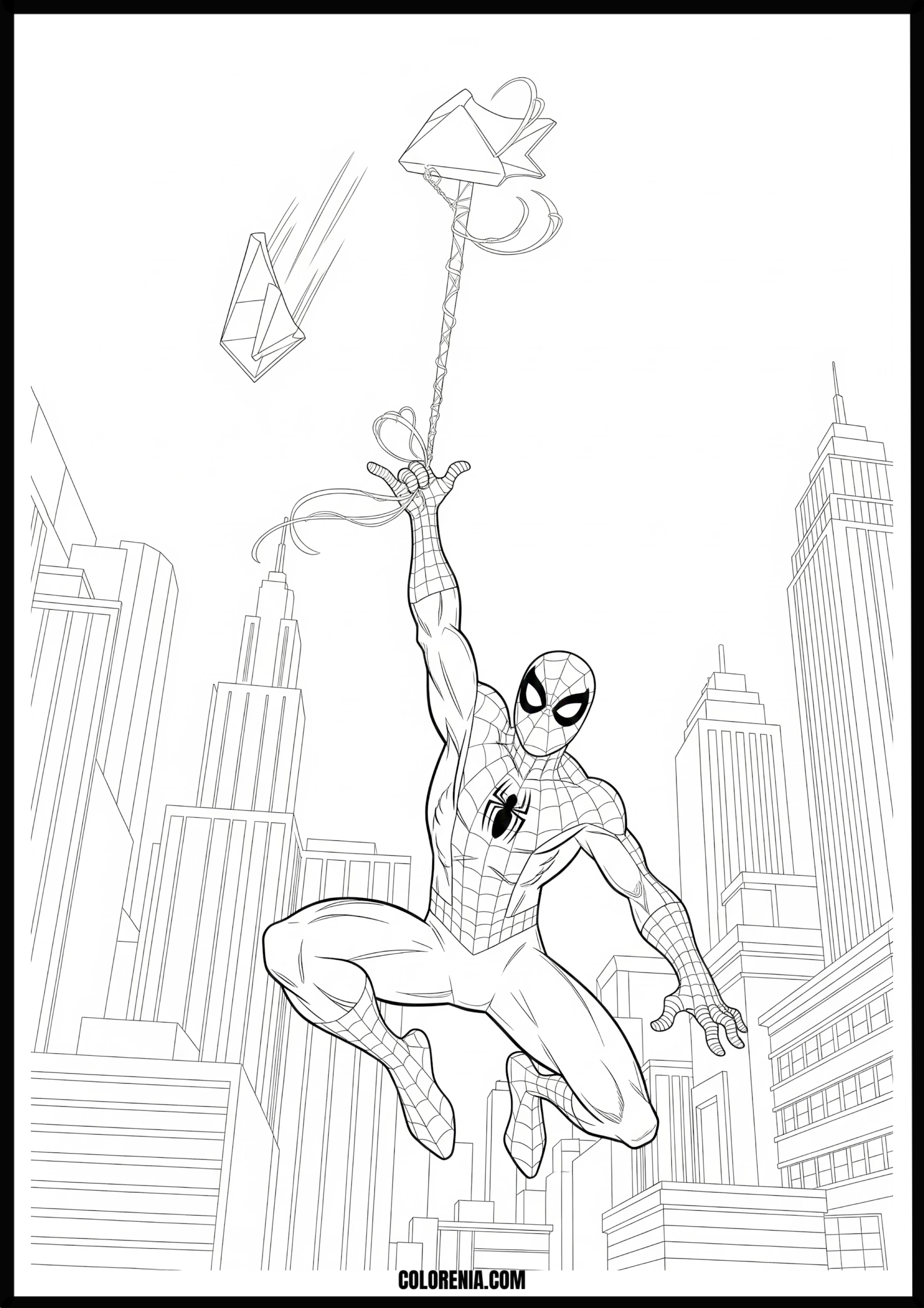 Spider-Man Swinging Over City Buildings Coloring Page