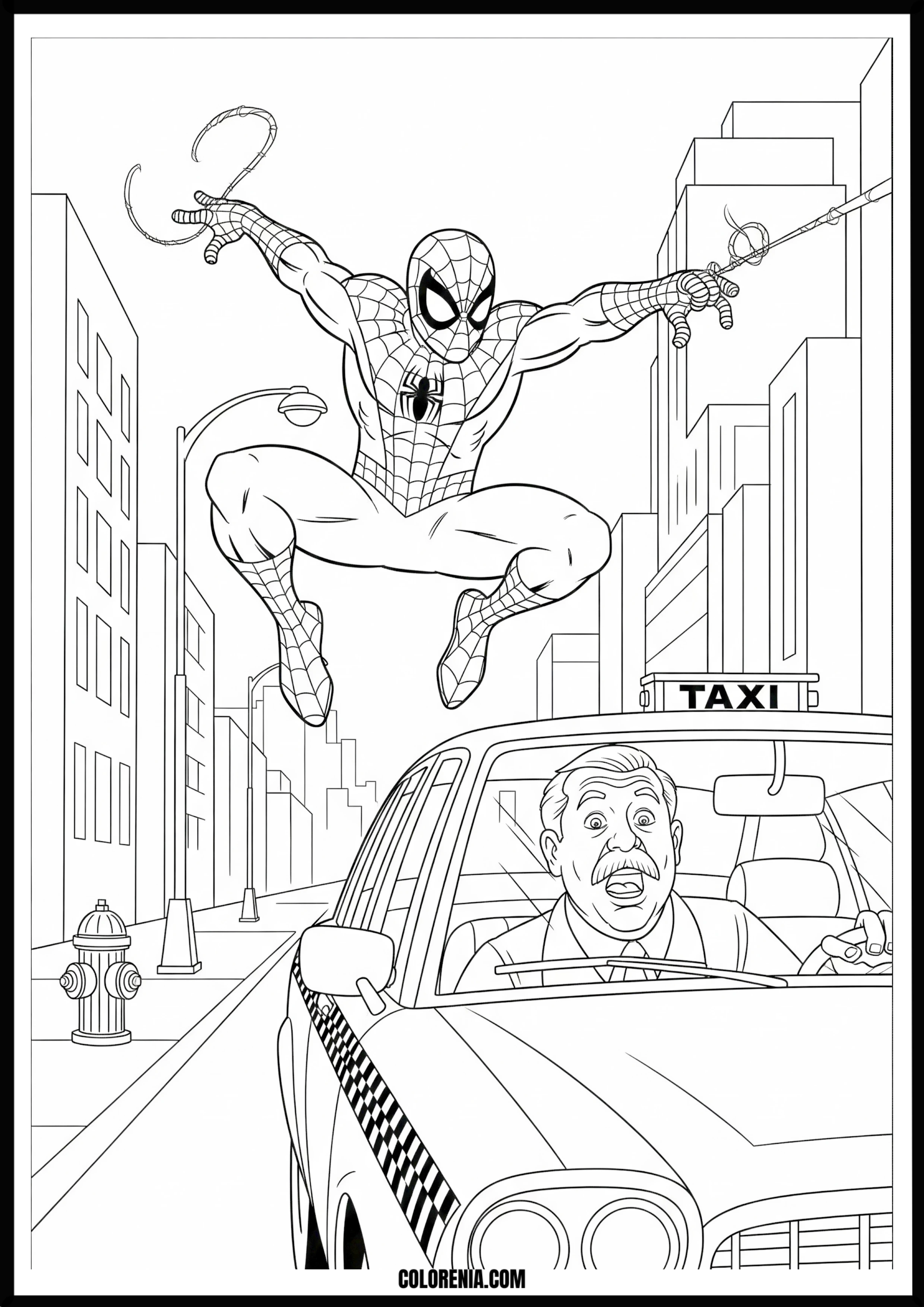 Spider-Man Swinging Over Surprised Taxi Driver Coloring Page