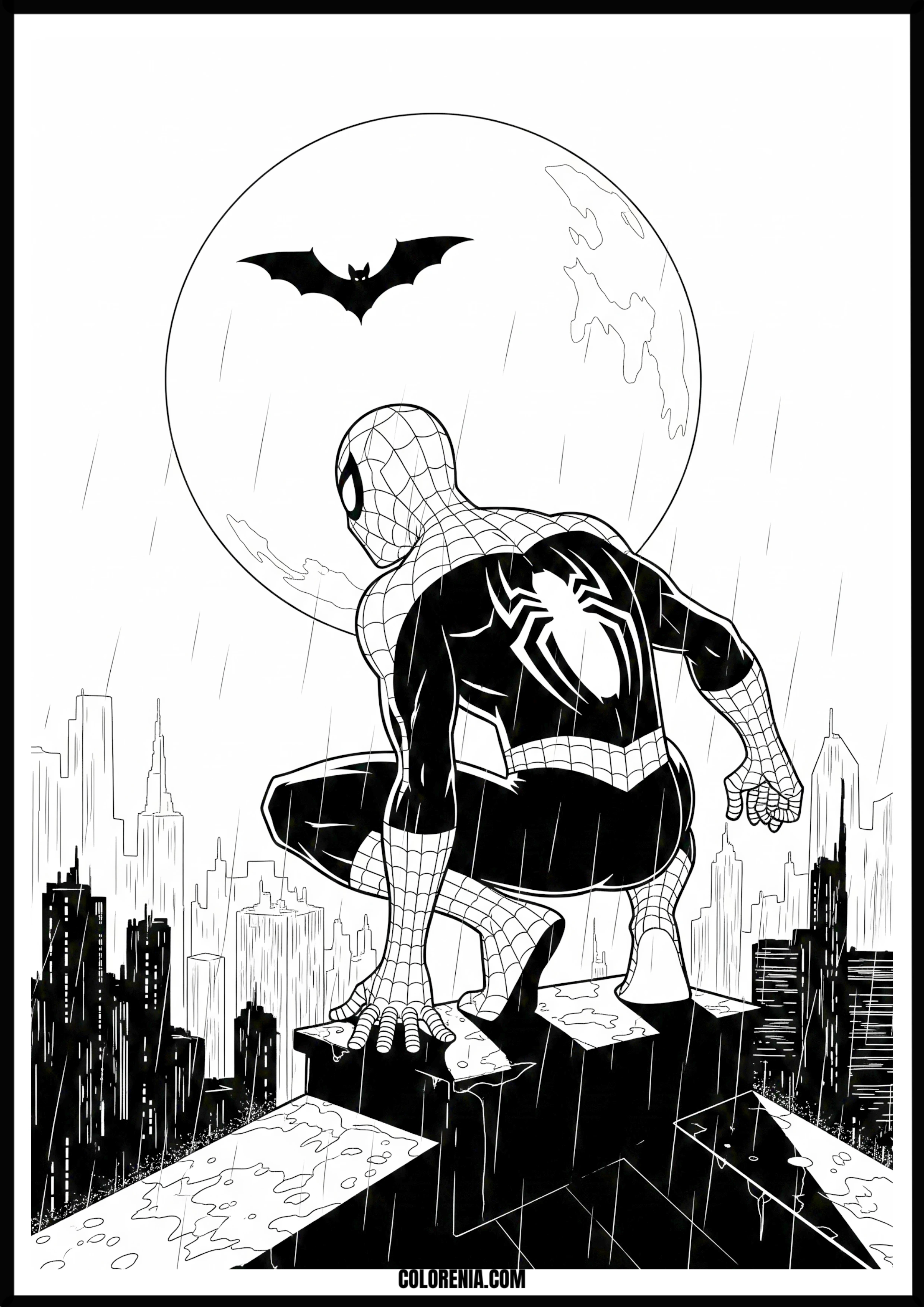 Spider-Man on Rainy Rooftop Under a Bat Moon Coloring Page