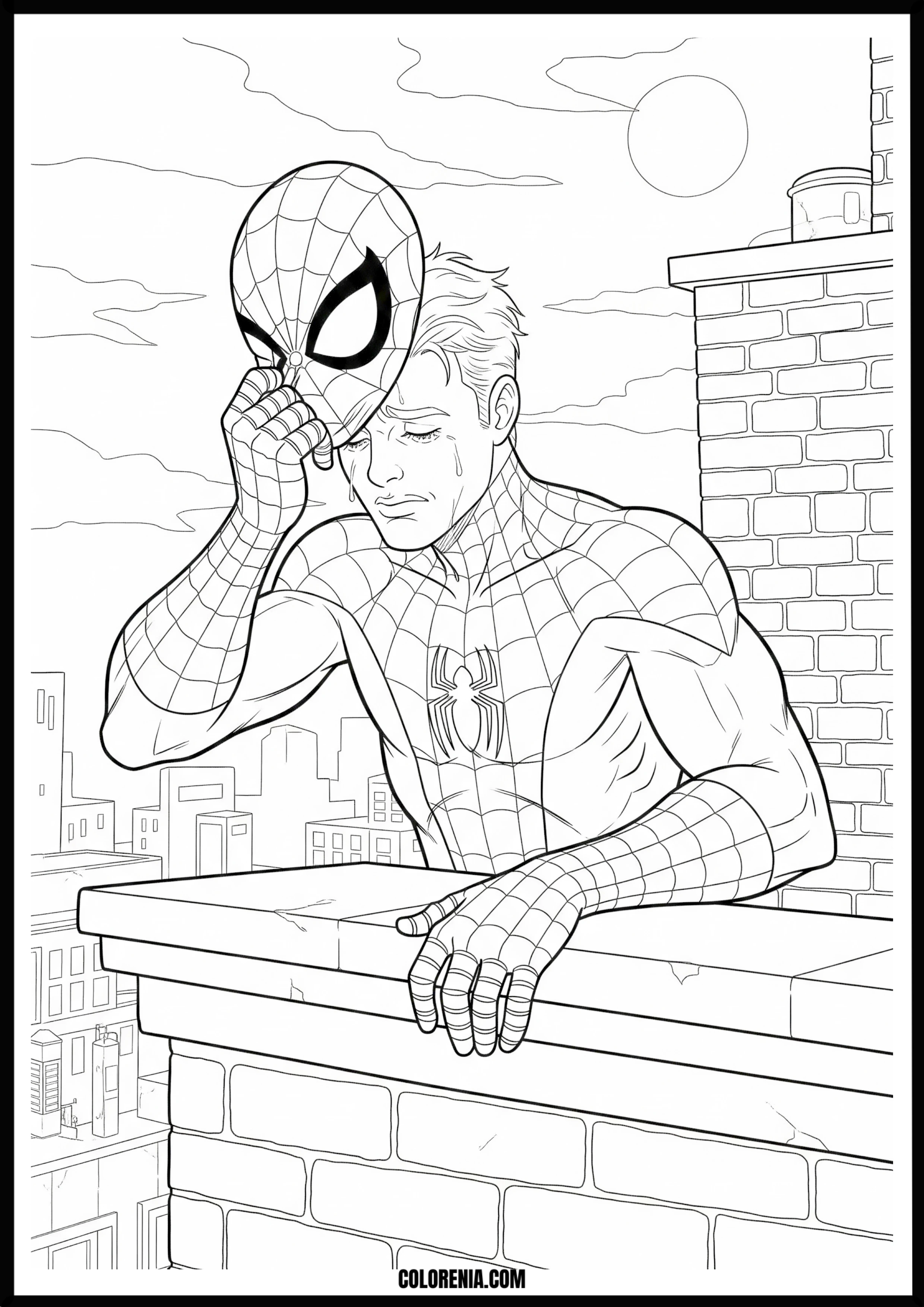 Spider-Man Unmasked and Crying on City Rooftop Coloring Page