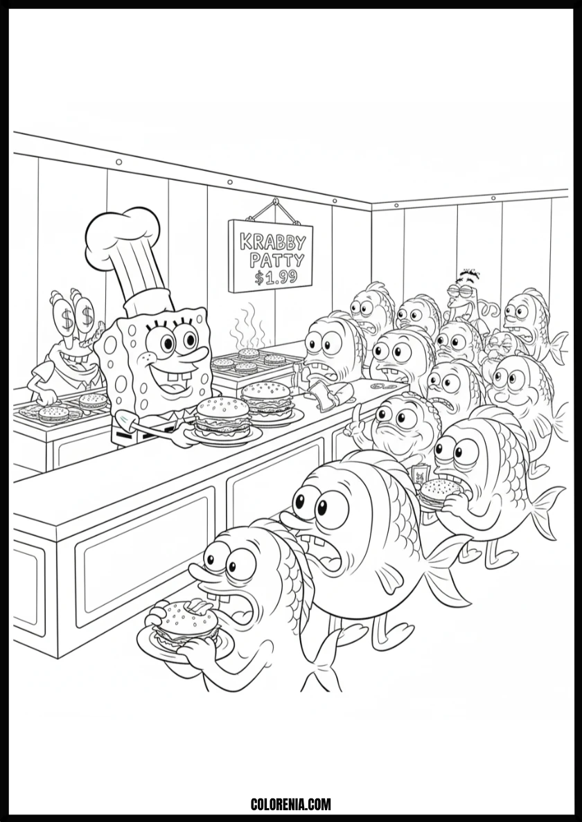 Spongebob Serving Delicious Krabby Patties Coloring Page
