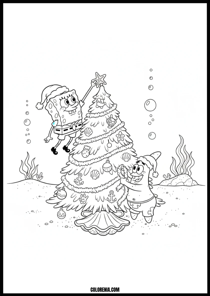 Spongebob and Patricks Festive Underwater Christmas Tree Coloring Page