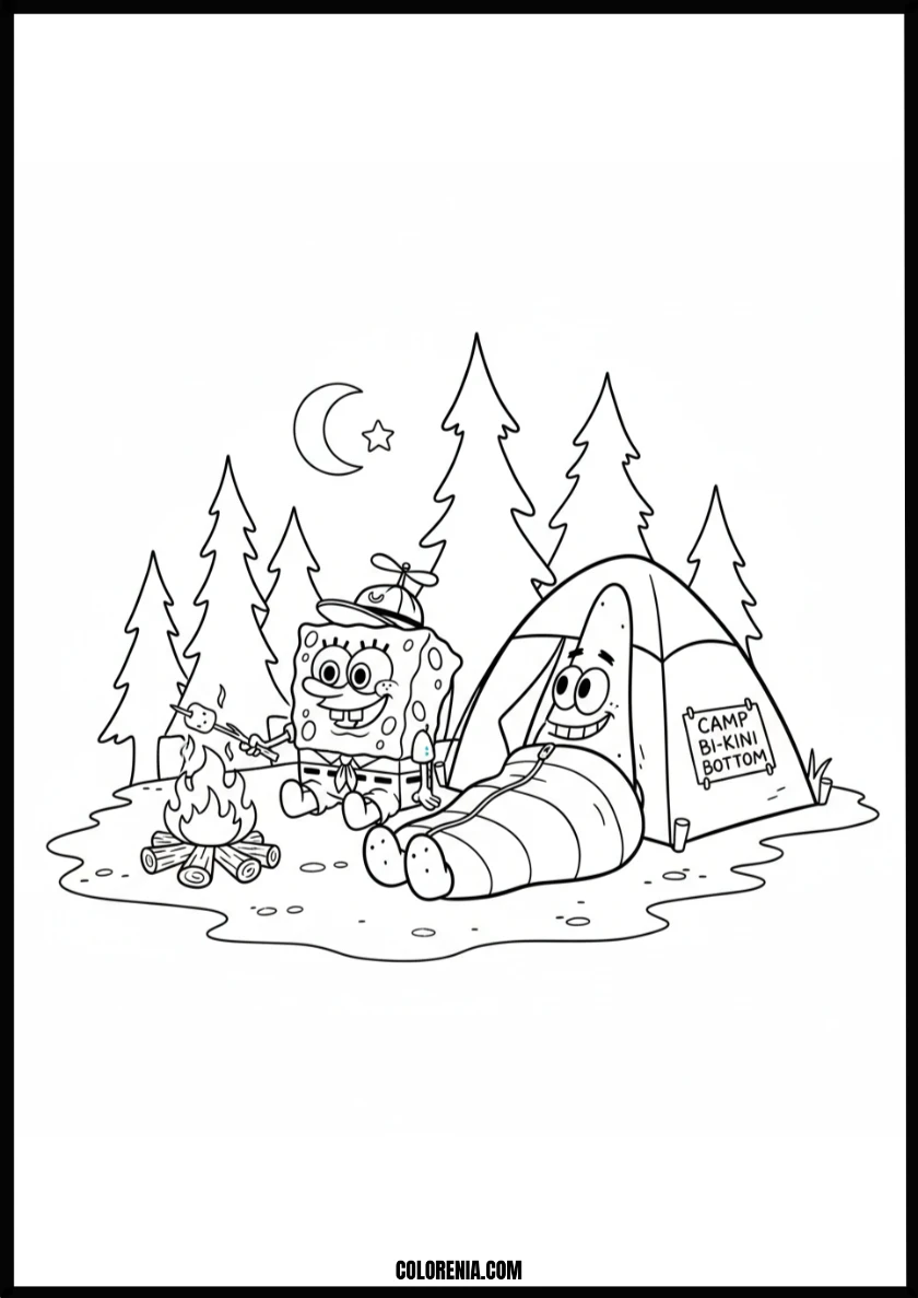 Spongebob and Patrick's Fun Camping Adventure Coloring Page