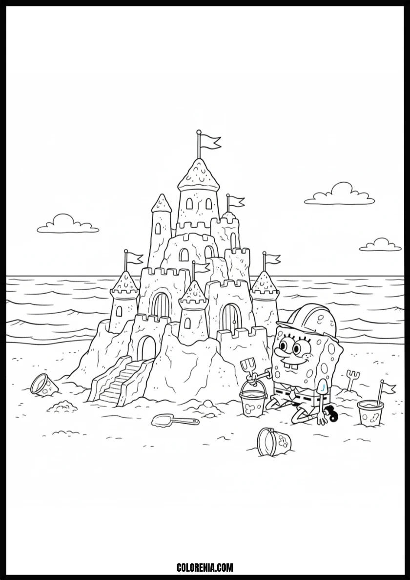 Spongebob's Awesome Sandcastle Beach Day Coloring Page