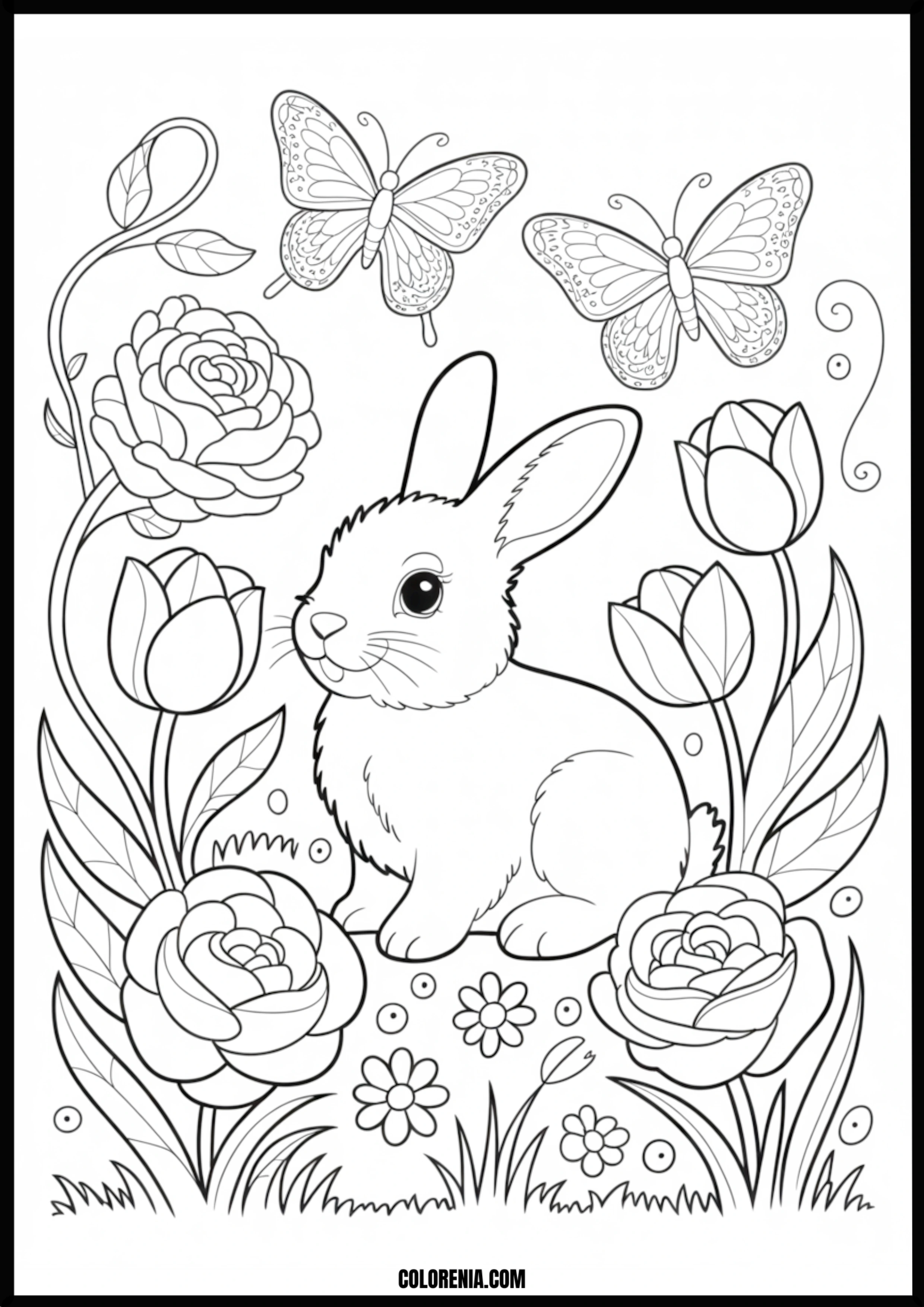 Spring Bunny With Flowers And Butterflies Printable Coloring Page Coloring page of spring bunny with flowers and butterflies