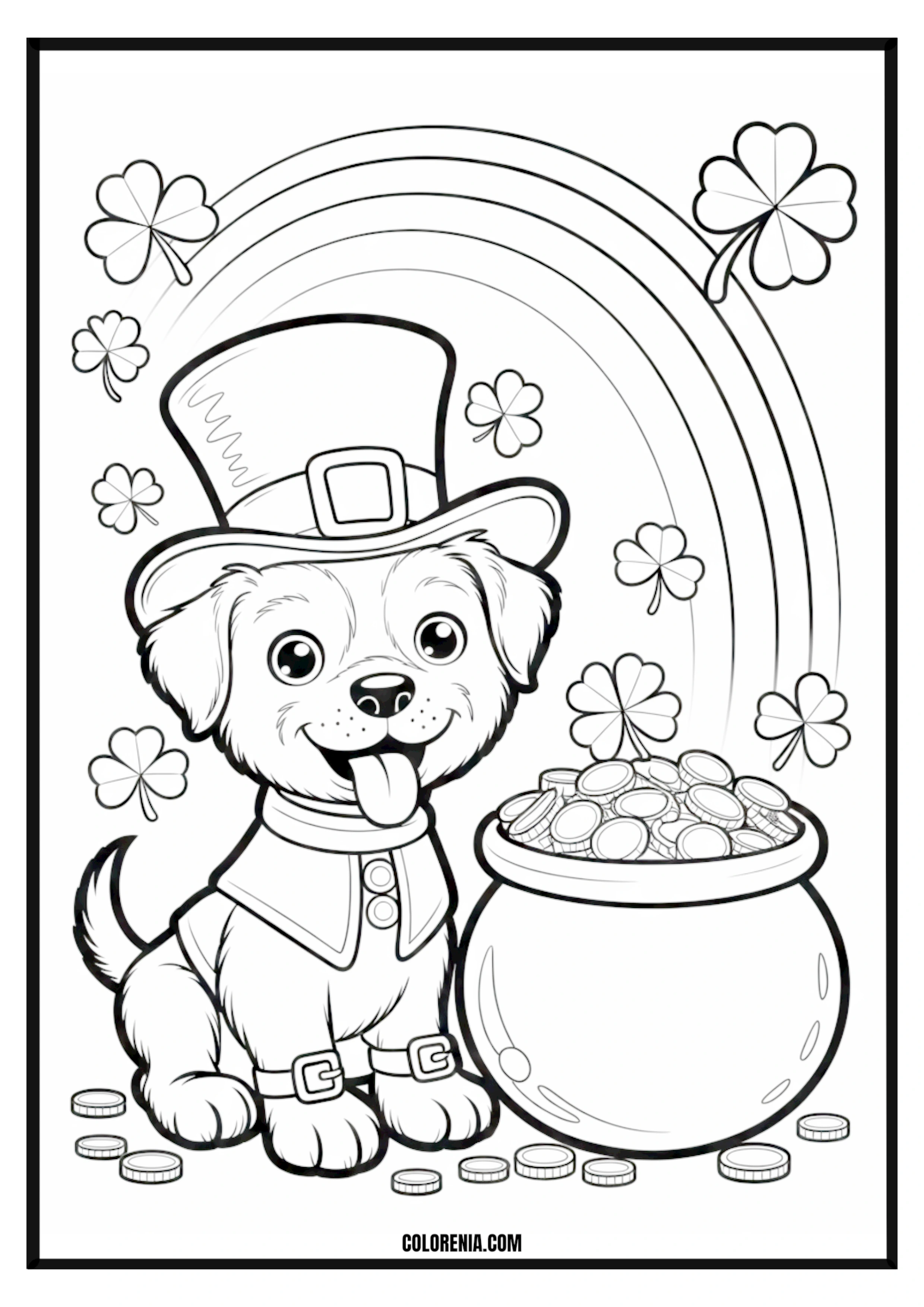 Printable St. Patrick's Day Puppy Pot of Gold Coloring Page St. Patrick's Day puppy with a pot of gold, festive and lucky scene.