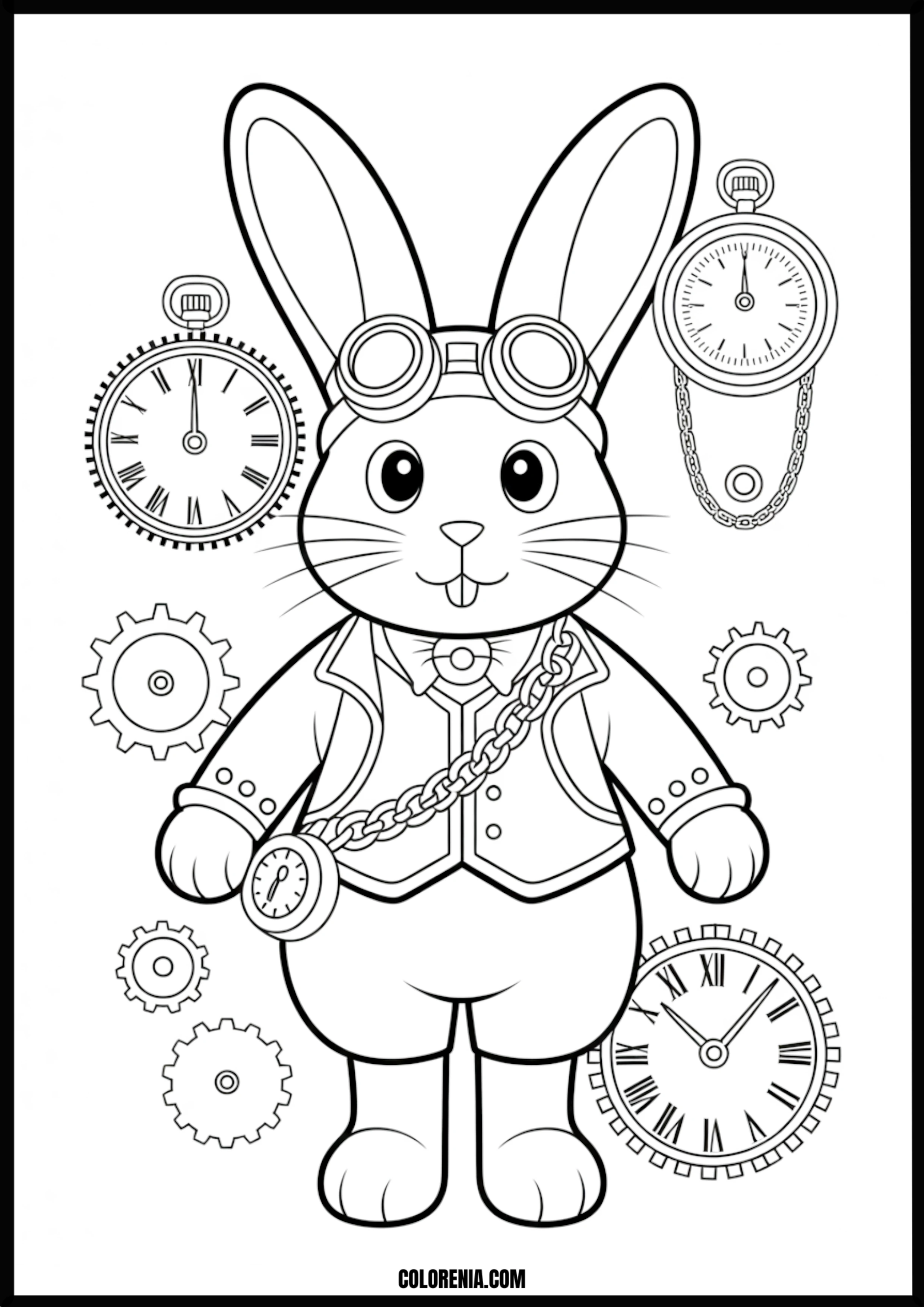 Steampunk Rabbit With Goggles Clocks And Gears Printable Coloring Page Coloring page of steampunk rabbit with goggles clocks and gears