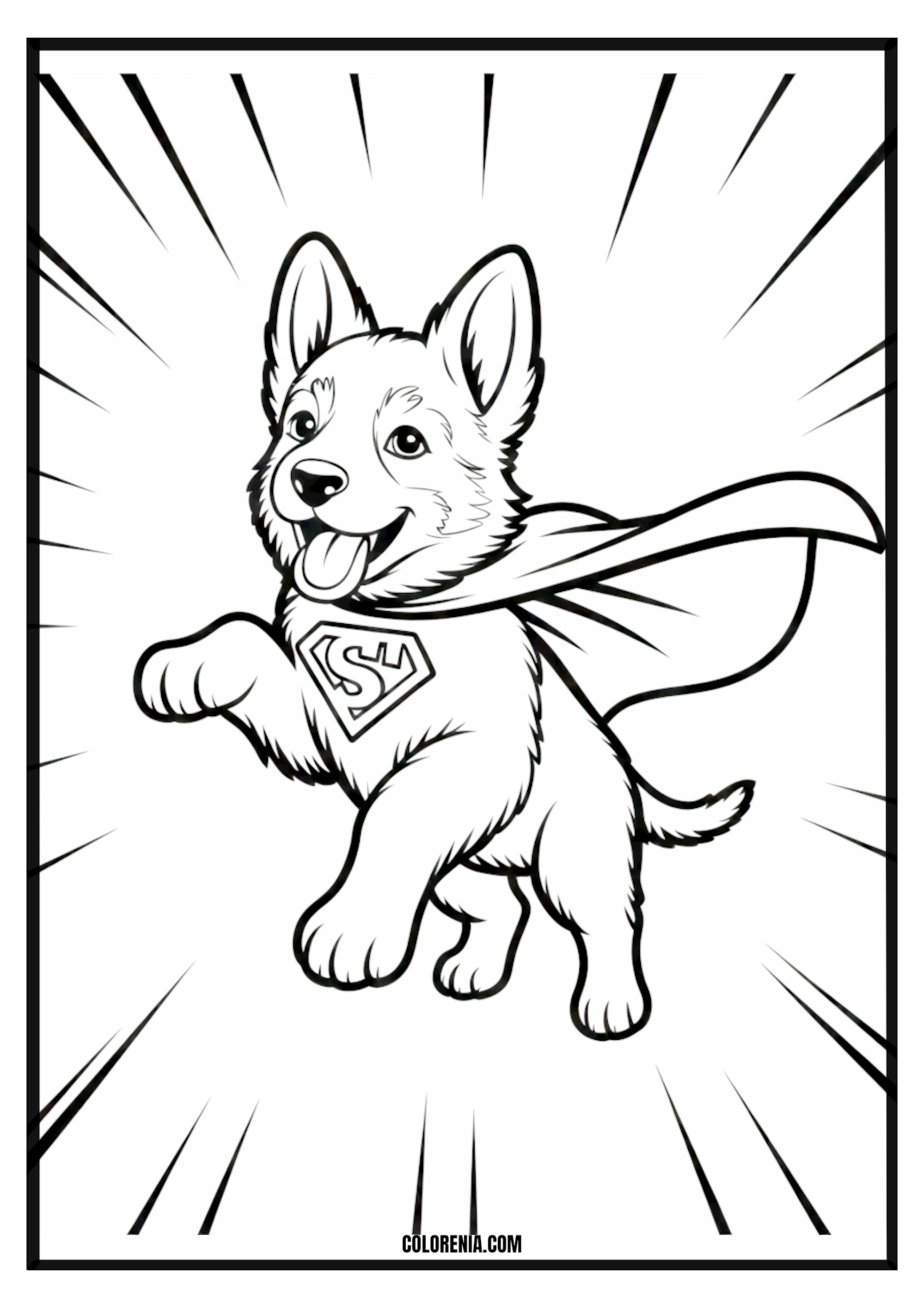 Printable Superdog Flying Coloring Page Mighty superdog flying heroically through the sky, action scene.