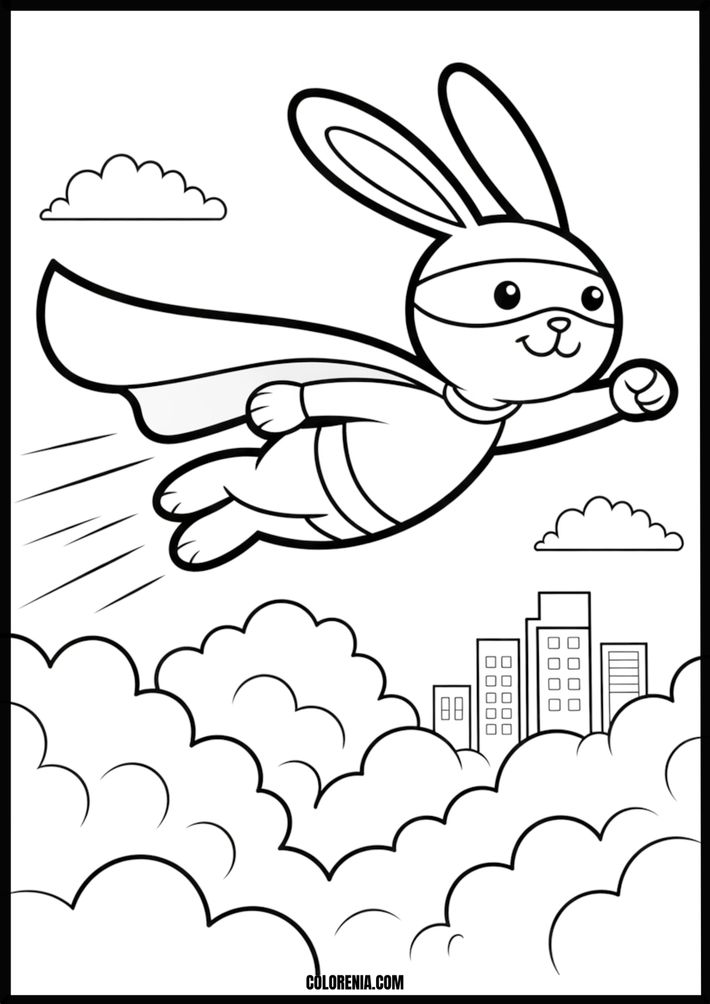 Superhero Rabbit Flying Above City Printable Coloring Page Coloring page of superhero rabbit flying above city