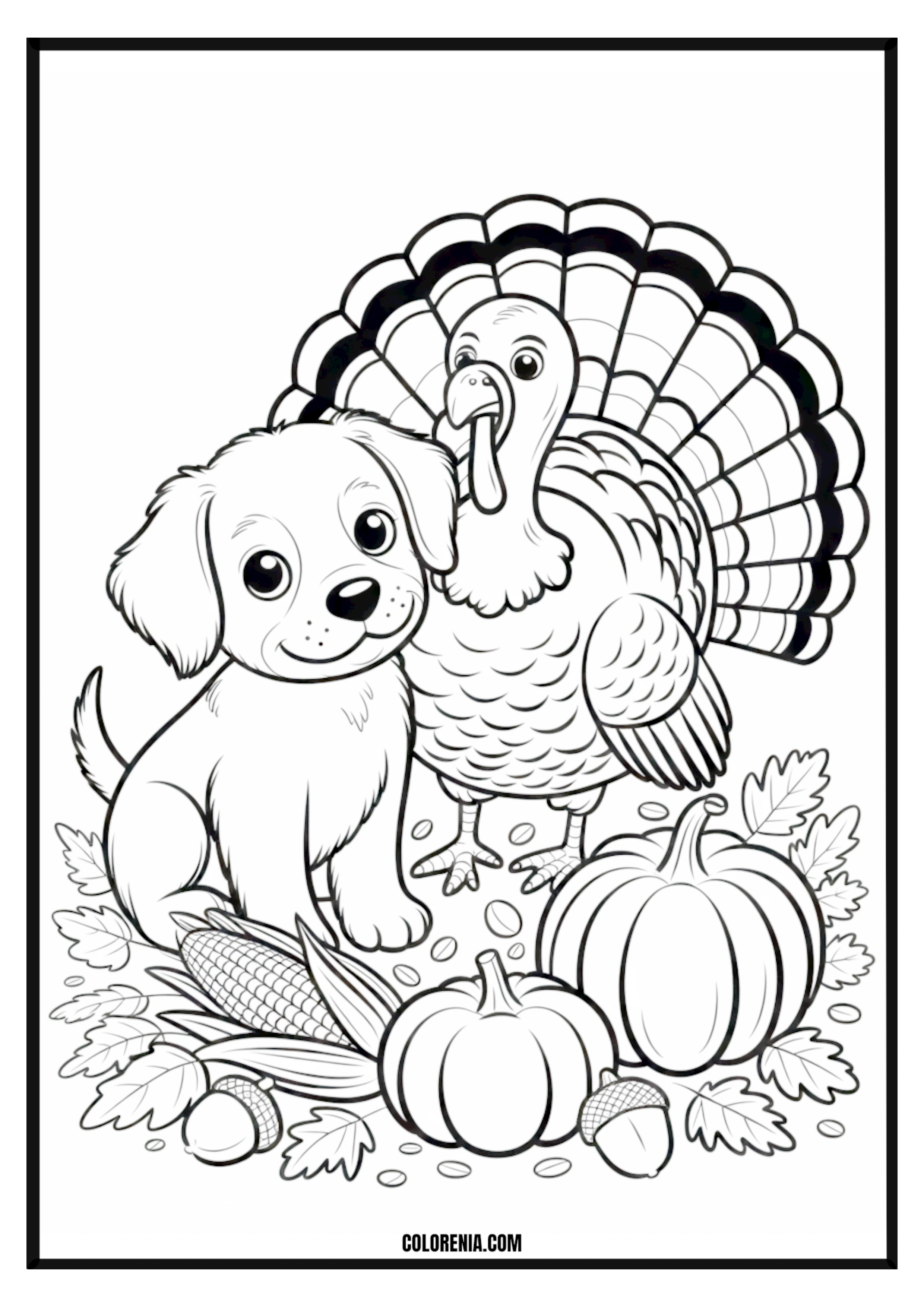Printable Thanksgiving Puppy, Turkey, and Pumpkins Coloring Page Thanksgiving puppy with turkey and pumpkins, festive harvest scene.