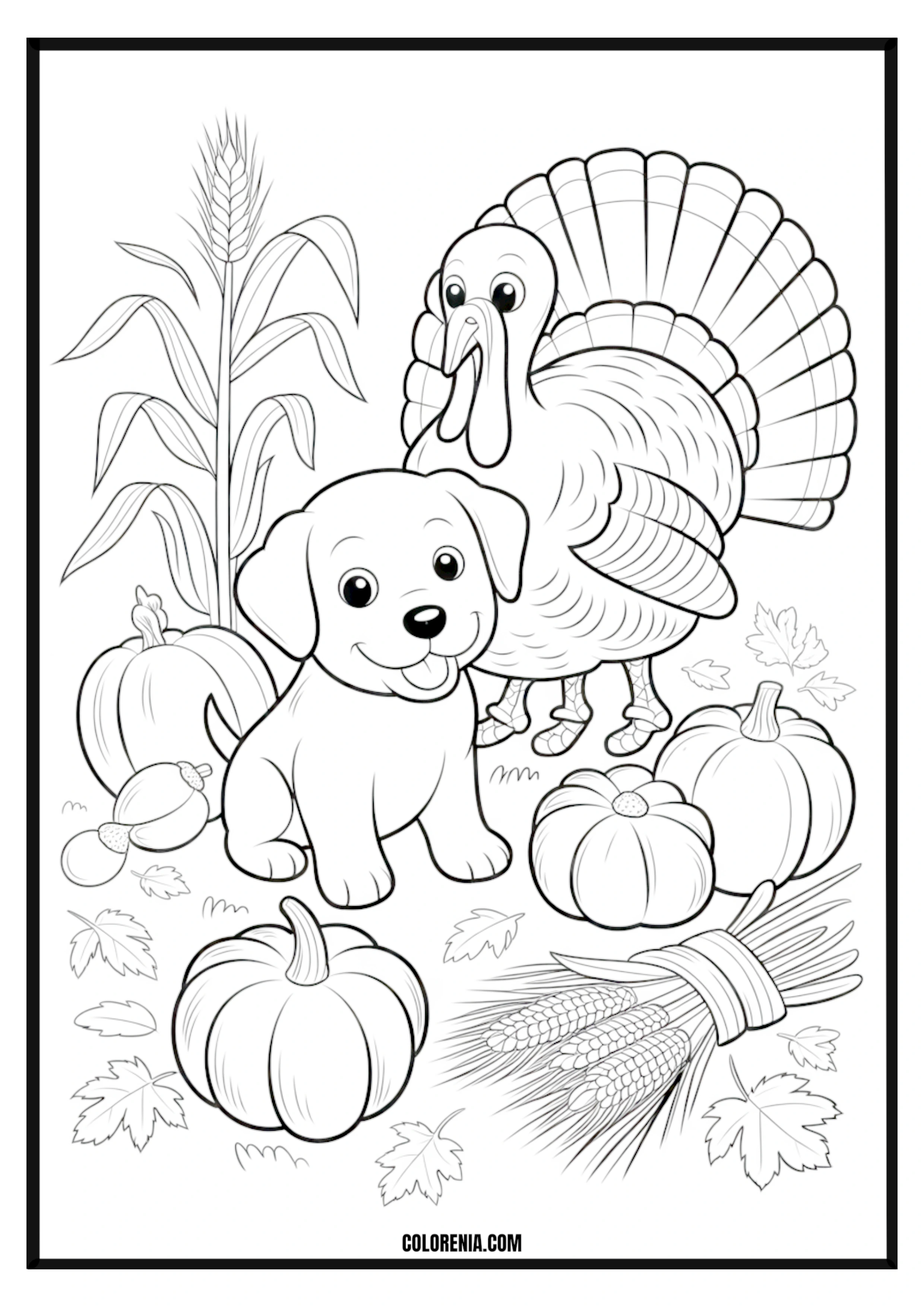 Printable Turkey Puppy Pumpkins Fall Coloring Page Puppy dressed as a turkey surrounded by pumpkins, fall harvest scene.