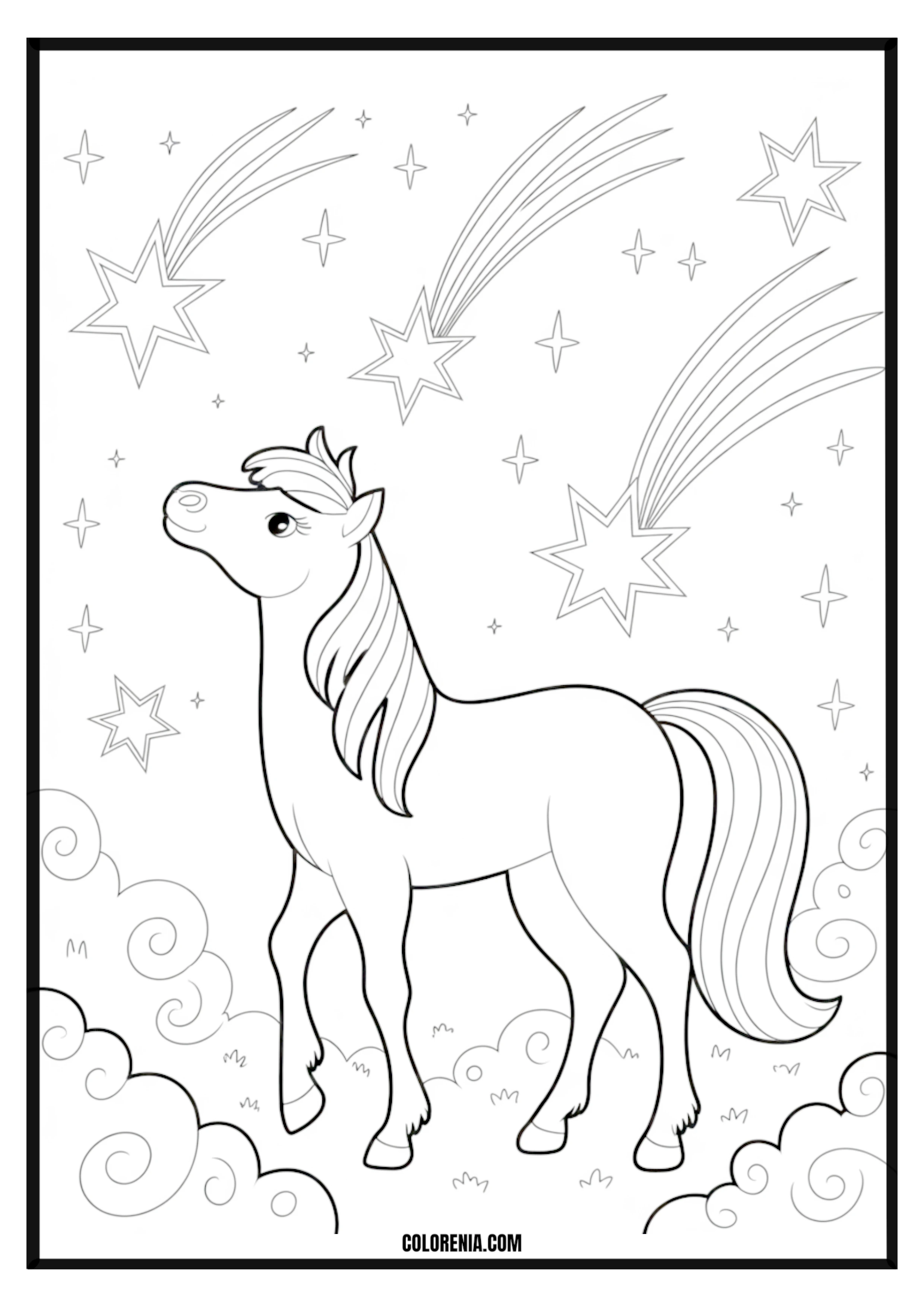 Unicorn and Stars Coloring Page Majestic unicorn surrounded by stars coloring page.
